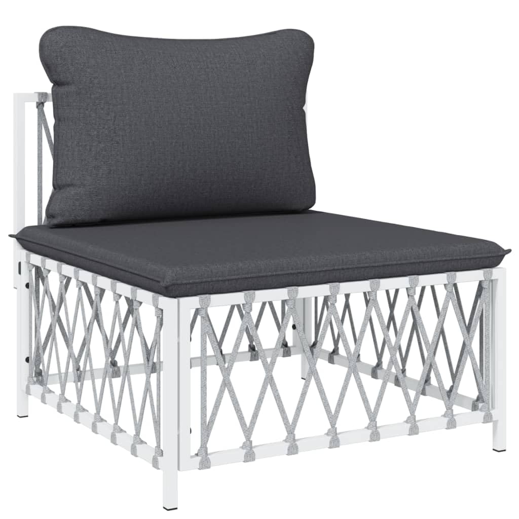 vidaXL Patio Middle Sofa in White Woven Fabric – Durable Outdoor Seat with Cushions, Modular, Flexible Design and Powder-Coated Steel Frame.