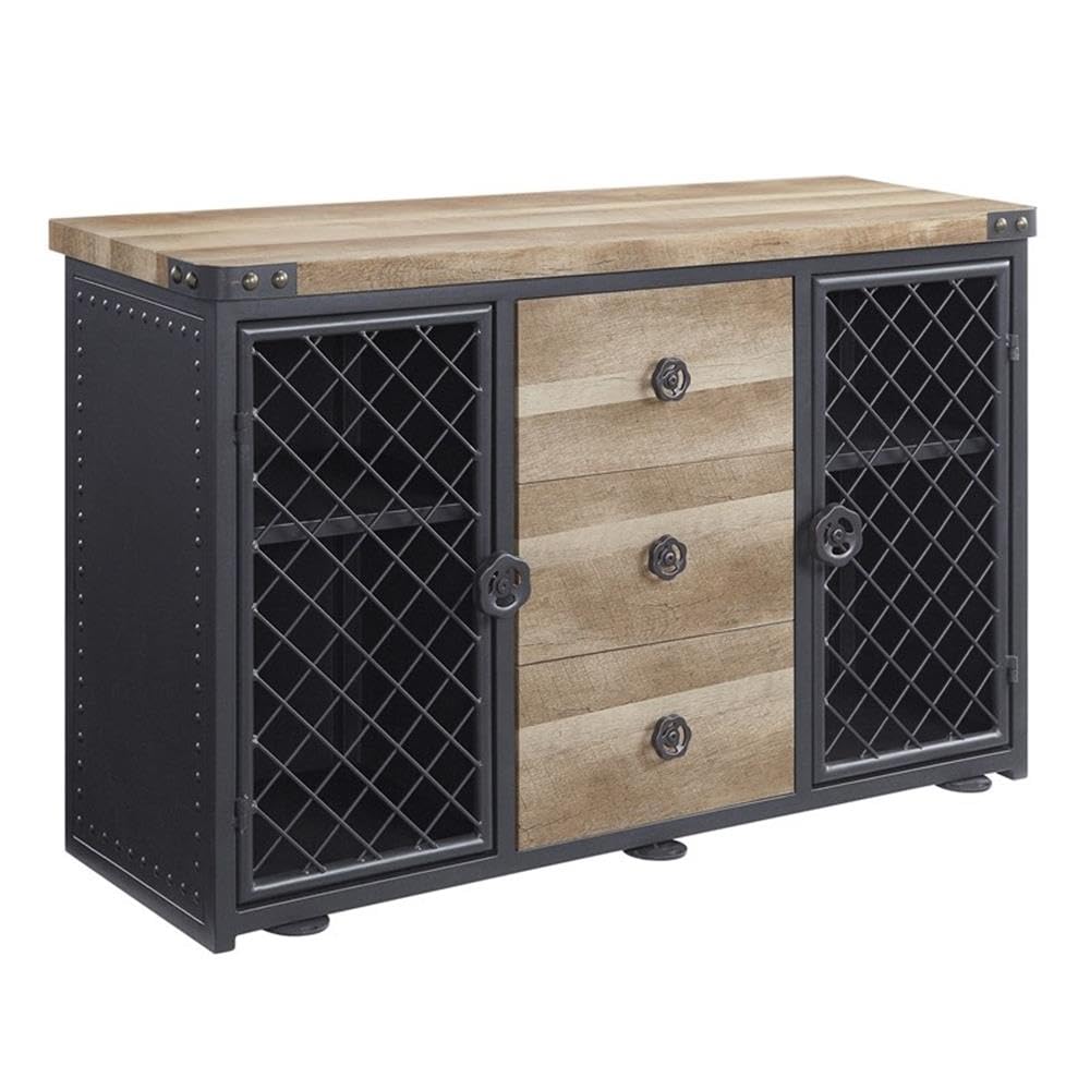 Acme Edina 3-Drawer Wooden Server with Metal Doors in Oak and Sandy Black