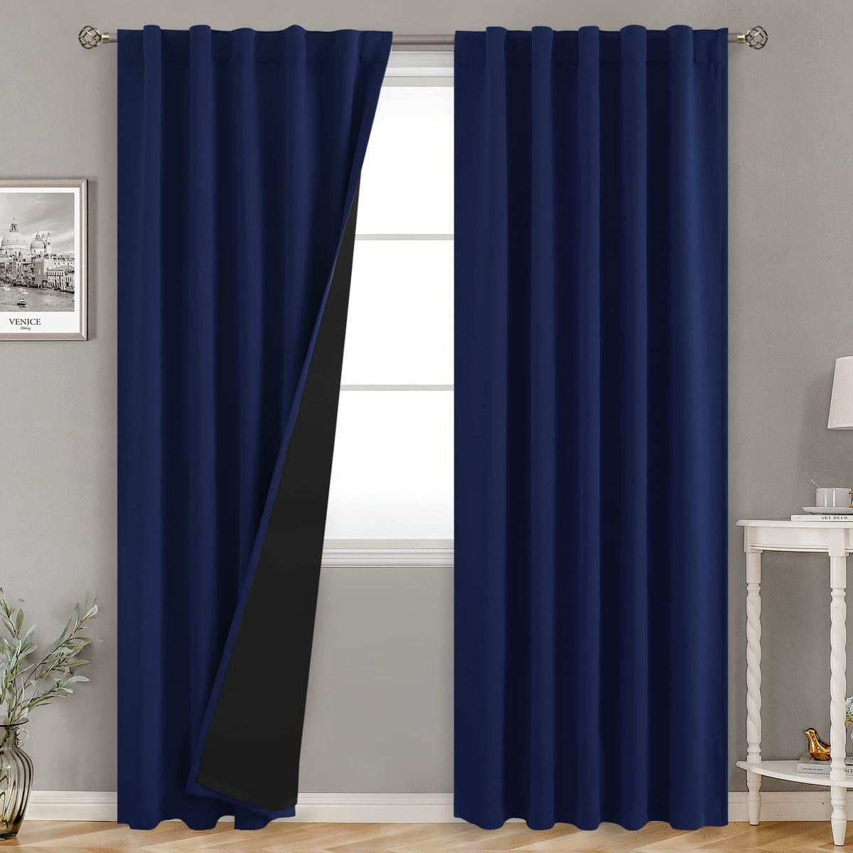 Bgment Navy Blue 100% Blackout Curtains 84 Inches Long With Reducing Noise Liner, Rod Pocket And Back Tab Double Layer Full Room