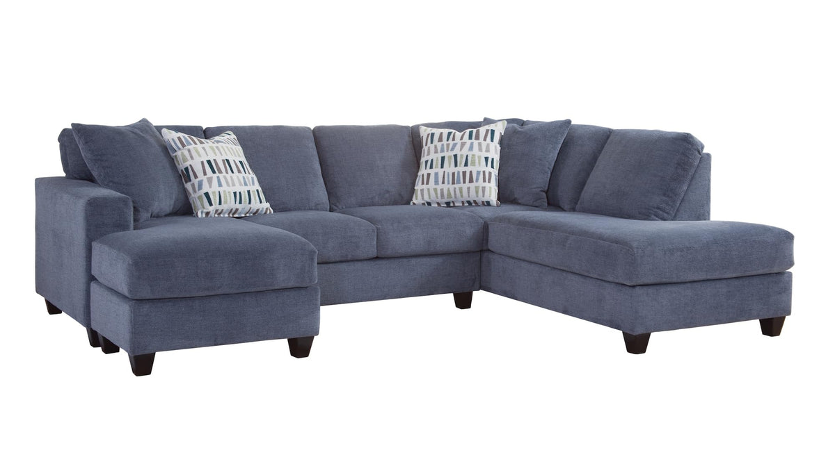 American Furniture Classics Model 8-12-A414V2-K Transitional Blue Two Piece U-Shaped Sectional Sofa With Four Throw Pillows