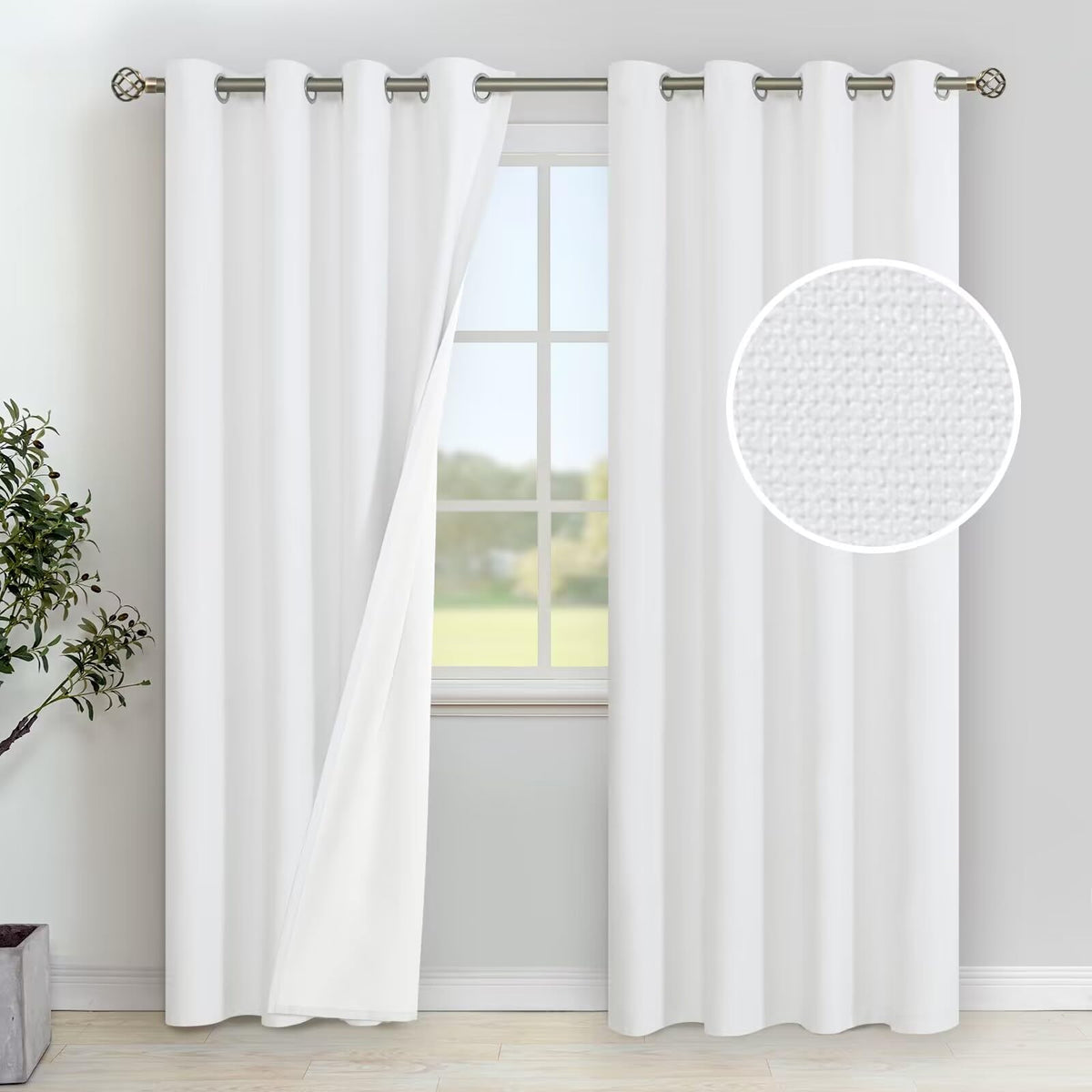 YoungsTex White Linen Blackout Curtains 84 Inches Length 2 Panels, Grommet Full Room Darkening Long Linen Window Drapes for Bedr