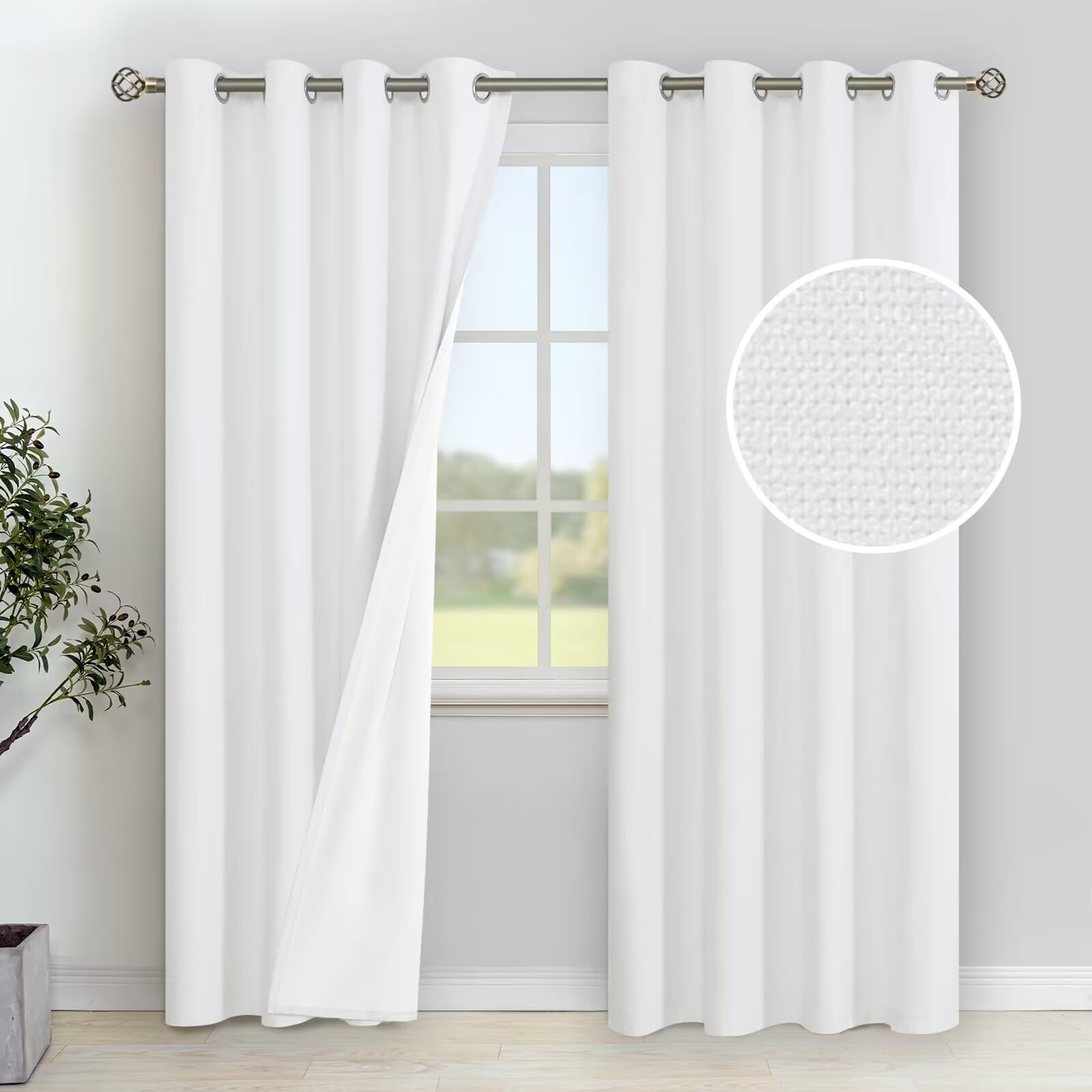 YoungsTex White Linen Blackout Curtains 84 Inches Length 2 Panels, Grommet Full Room Darkening Long Linen Window Drapes for Bedr