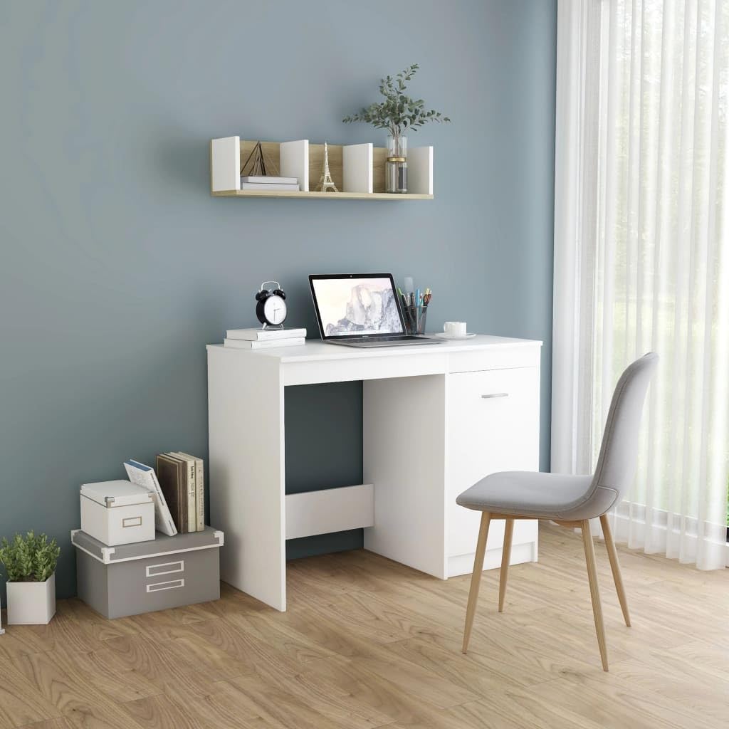 vidaXL Engineered Wood Desk in Scandinavian Style, White - Compact Size, with Integrated Storage Cabinet, Suitable for Office or Study Room.