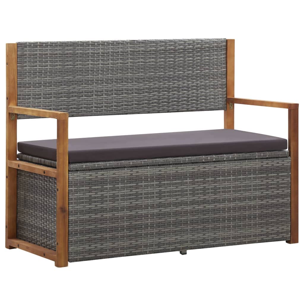 vidaXL Patio Storage Bench - Poly Rattan & Solid Acacia Wood - Gray - Comfortable Cushioned Seating - Ample Internal Storage Space