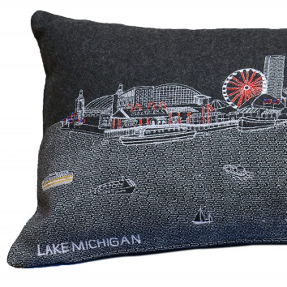 HomeRoots Grey 35' Black Chicago Nighttime Skyline Lumbar Decorative Pillow
