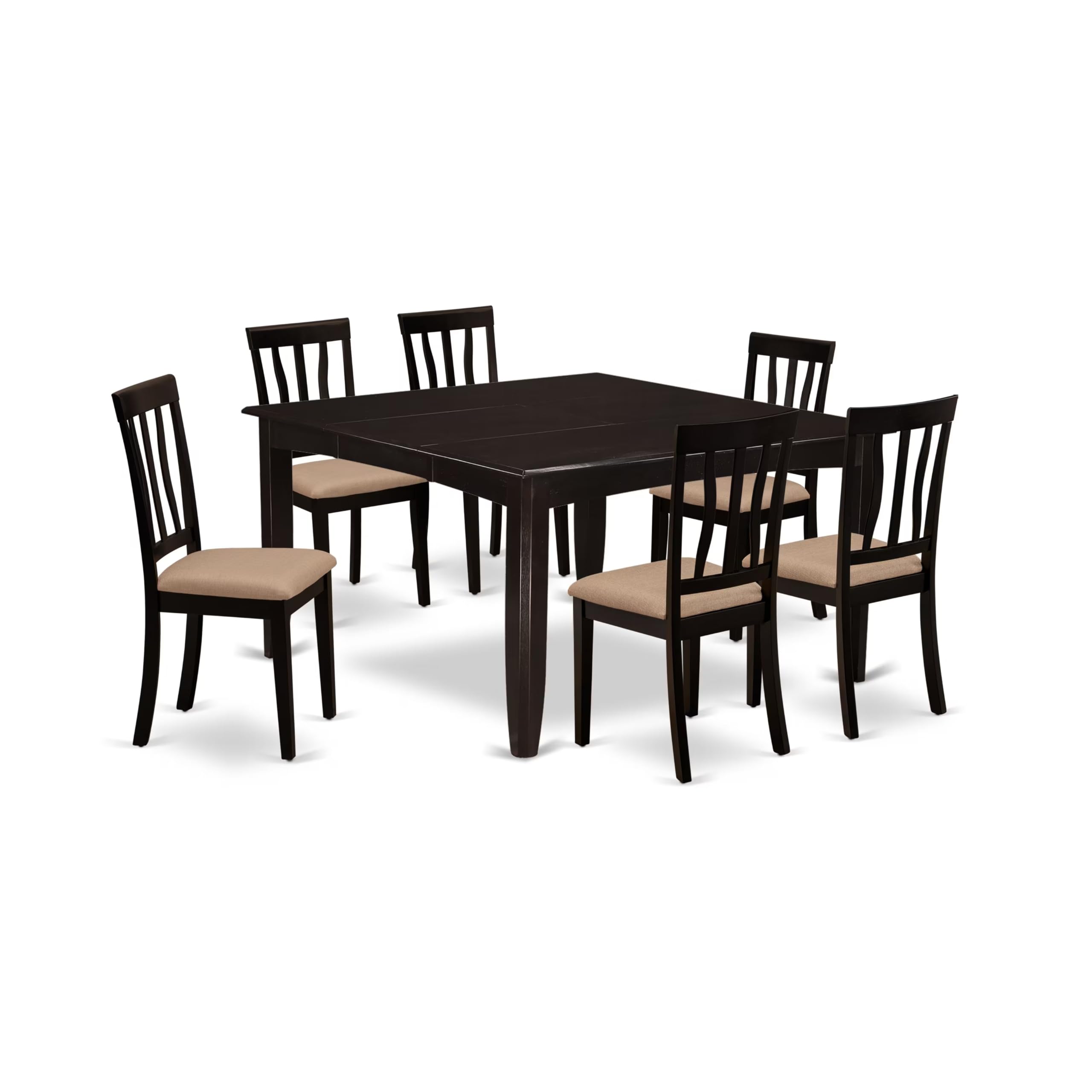 East West Furniture PFAN7-CAP-C 7 Piece Dining Room Table Set Consist of a Square Wooden Table with Butterfly Leaf and 6 Linen Fabric Kitchen Dining Chairs, 54x54 Inch, Cappuccino