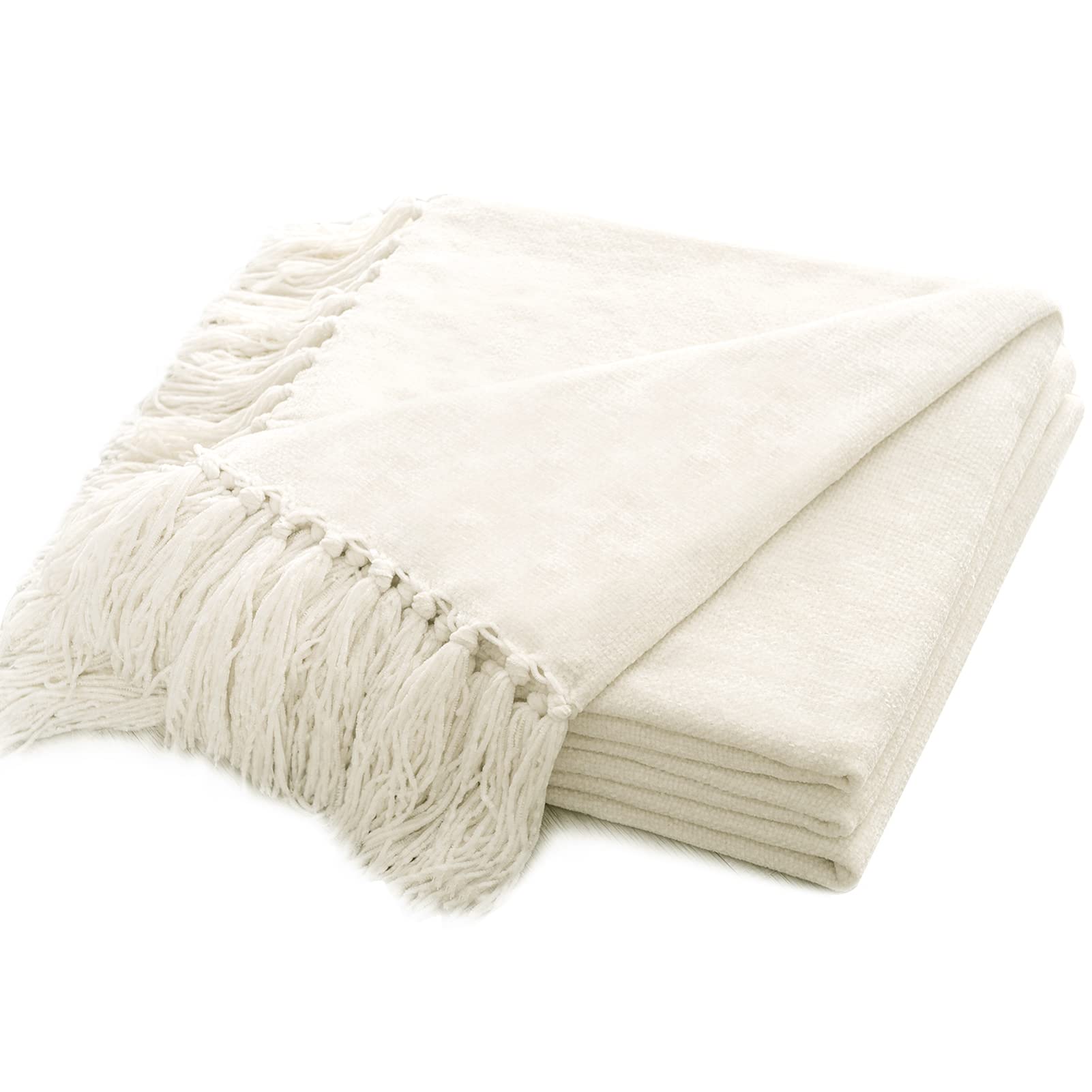 Recyco Throw Blanket Soft Cozy Chenille Throw Blanket With Fringe Tassel For Couch Sofa Chair Bed Living Room (Ivory White, 60'