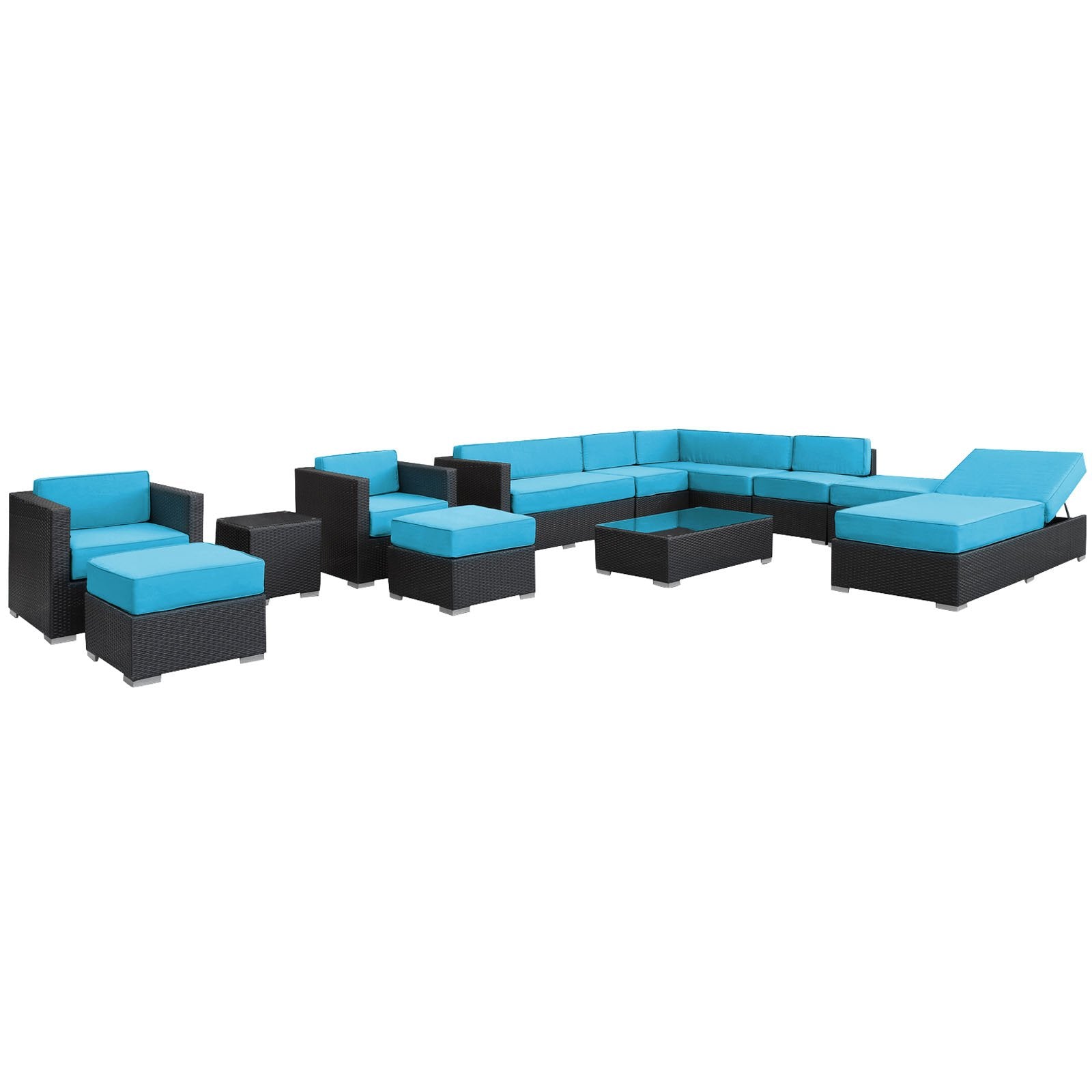 Modway Fusion 12-Piece Outdoor Rattan, Espresso With Turquoise Cushions