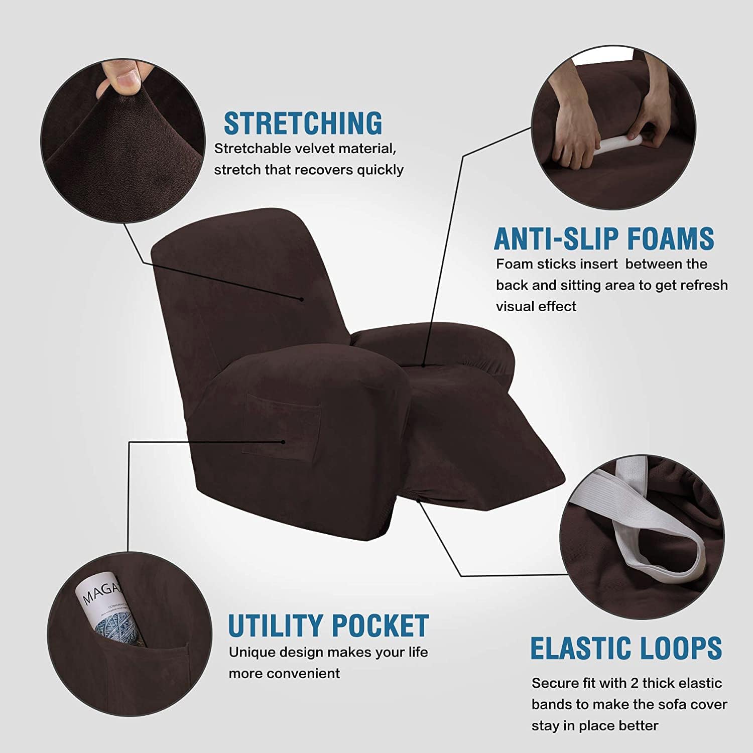 H.Versailtex Velvet Plush Slip Covers For Recliners With Arms 1-Piece Stretch Recliner Chair Covers Furniture Protector Couch So