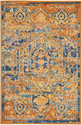 HomeRoots Teal/Sun 100% Polypropylene 2’ x 3’ Gold and Blue Antique Scatter Rug