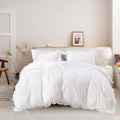 Luxlovery White Ruffle Comforter Set California King Farmhouse Boho Bedding Comforter Set Plain White Shabby Chic Solid Cotton B