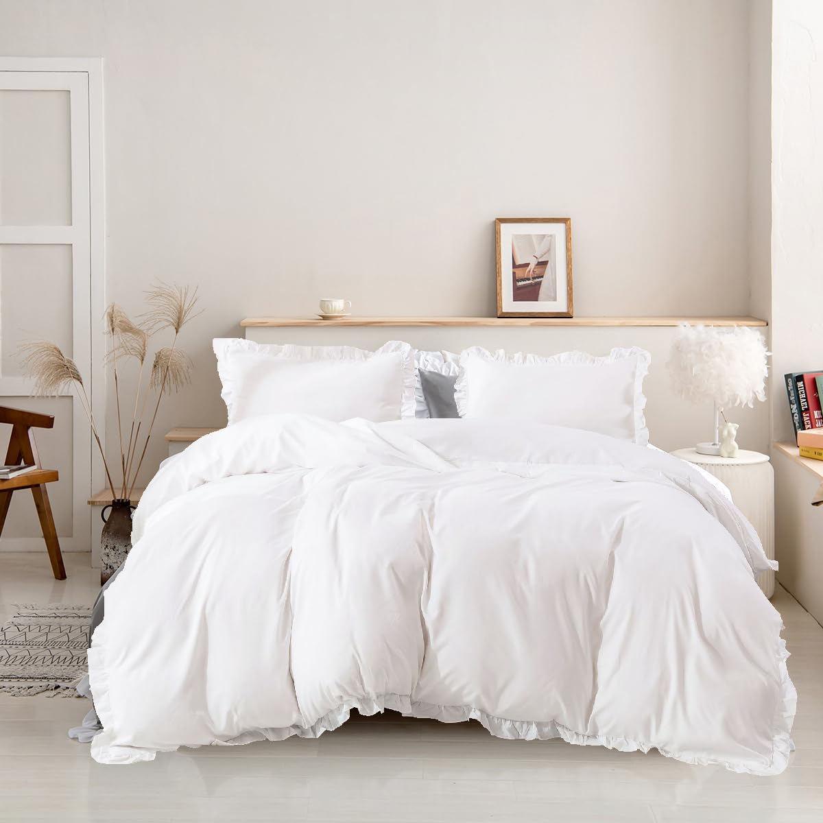 Luxlovery White Ruffle Comforter Set California King Farmhouse Boho Bedding Comforter Set Plain White Shabby Chic Solid Cotton B