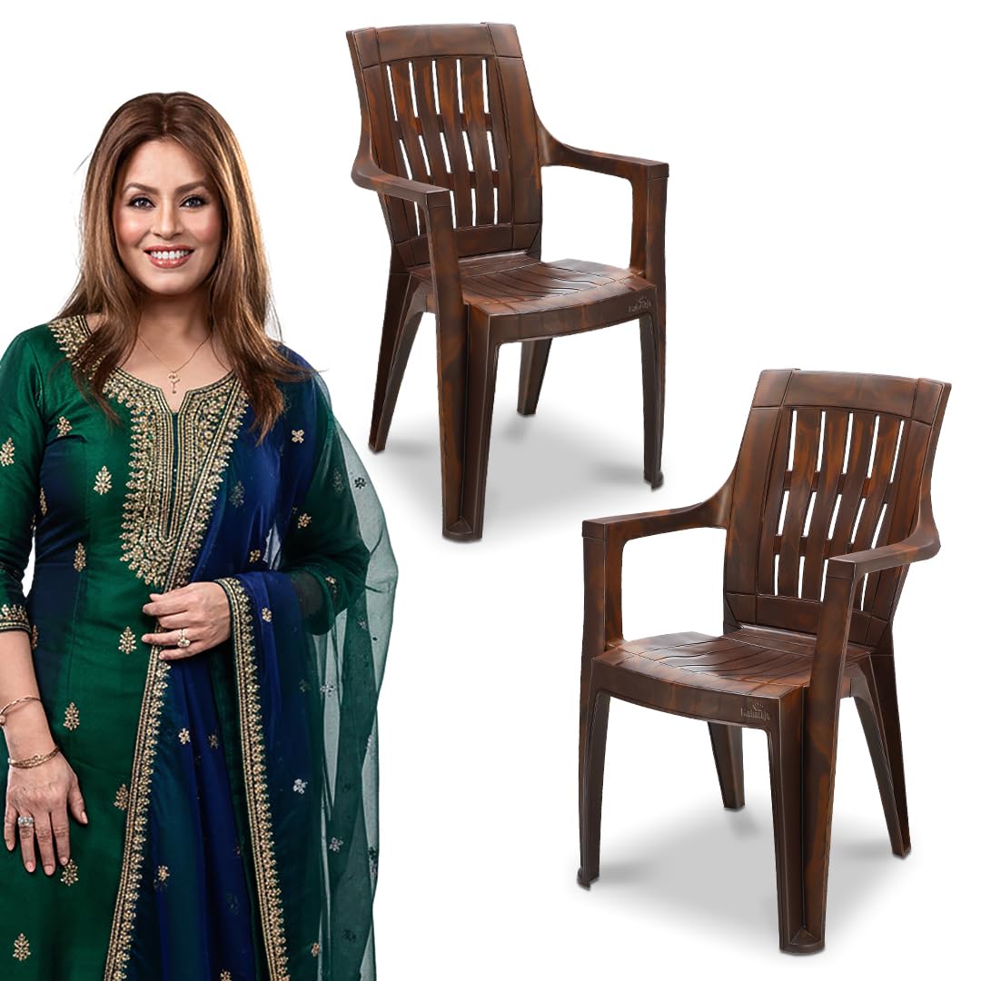 Maharaja Heavy Duty Plastic Chairs With Arm Rest | Comfortable |200Kg Capacity (Teakwood,Pack Of 2)