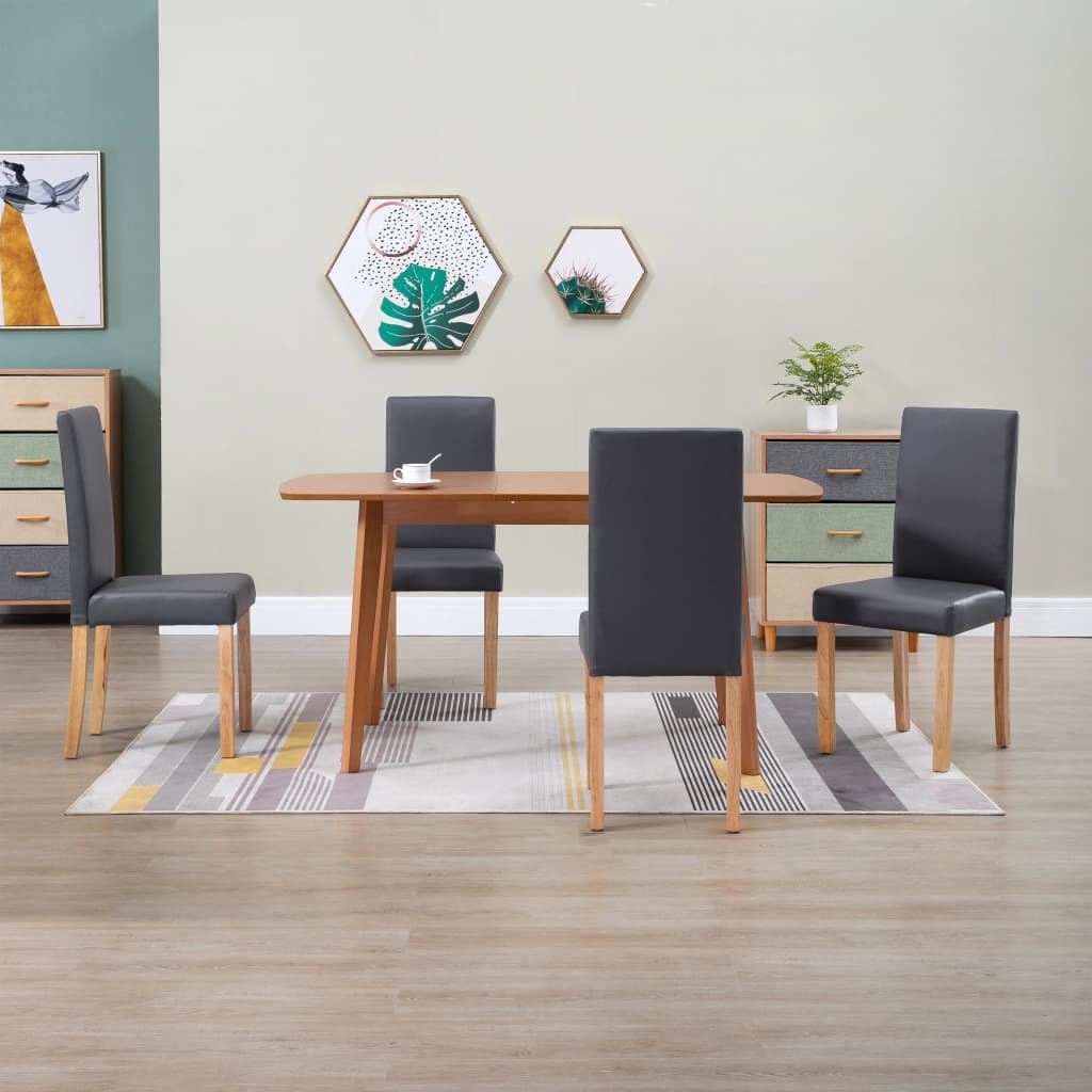 vidaXL Set of 4 Gray Artificial Leather Dining Chairs with Wooden Legs, Comfortable Thick Padding, Modern Design, Easy Assembly, Indoor Use, Ideal for Kitchen and Dining Room