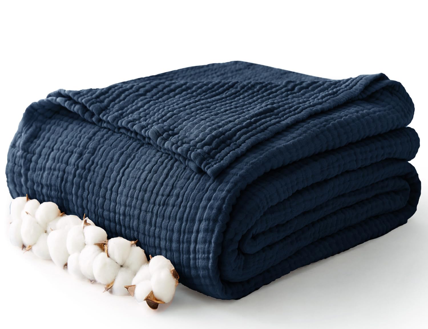100% Cotton Muslin Blanket Large 50  x 70 , 6 Layers Breathable and Lightweight Navy Throw Blanket for Bed and Couch, Soft Quilt