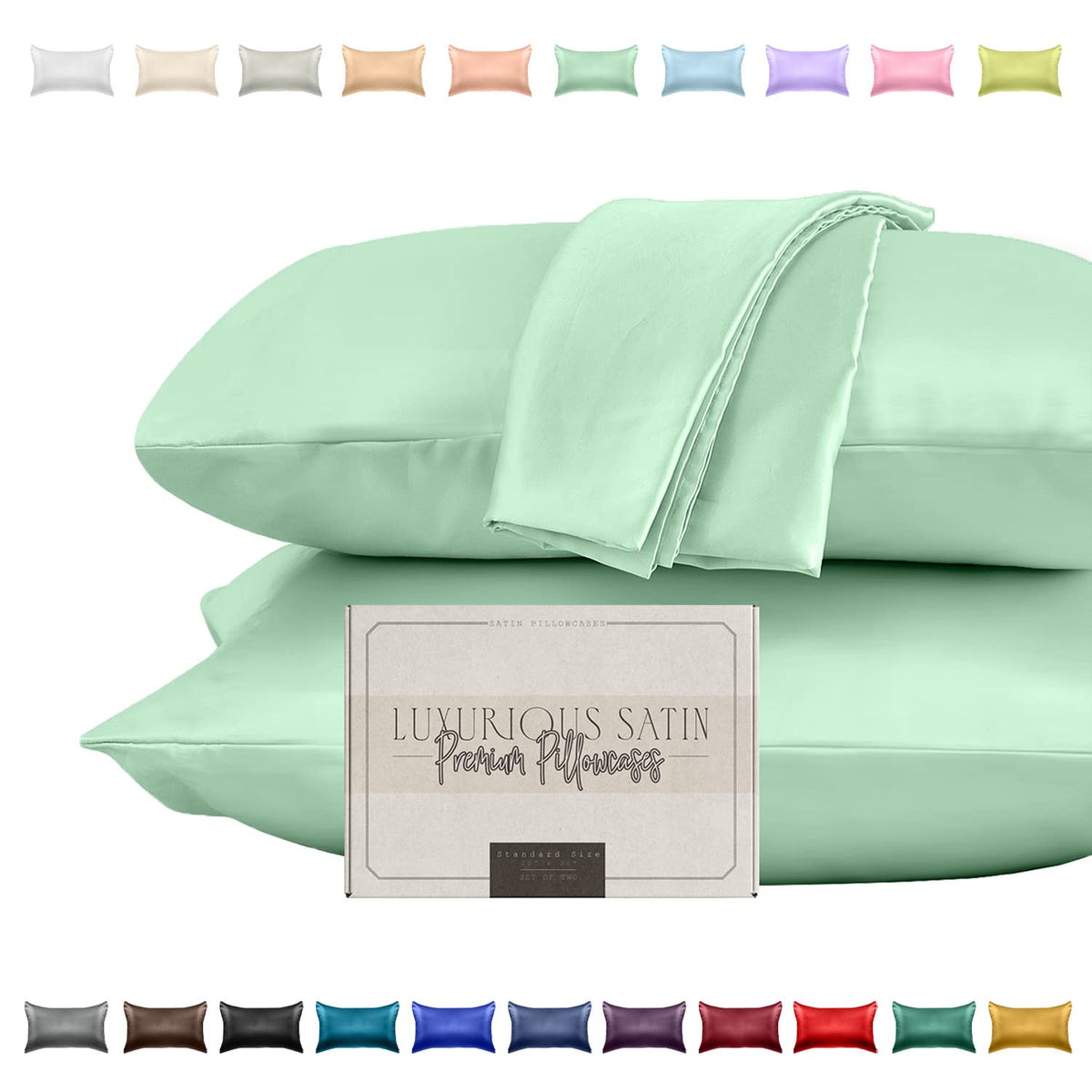 Elegant Comfort Silky And Luxurious 2-Piece Satin Pillowcase Set For Healthier Skin And Hair, Hidden Zipper Closure And Beautifully Packaged, Satin Pillowcase Set, Standard/Queen, Mint Green