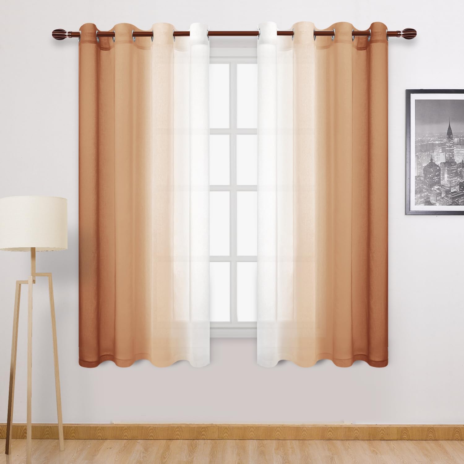 Dwcn Faux Linen Ombre Sheer Curtains - Short Curtains Gradient Semi Voile Curtains For Kitchen And Living Room, Set Of 2 Grommet