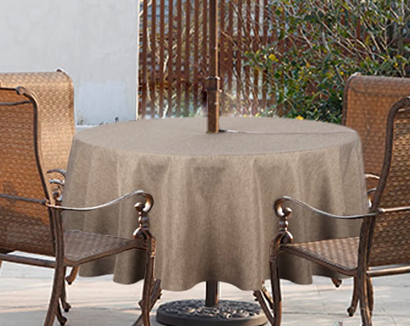 Youngseahome Outdoor Tablecloth Wrinkle-Free Stain Resistant Waterproof Polyester Fabric Table Cover With Zipper Umbrella Hole For Picnic/Party/Dinner/Patio Garden(70Inch Round,Zippered,Flax)