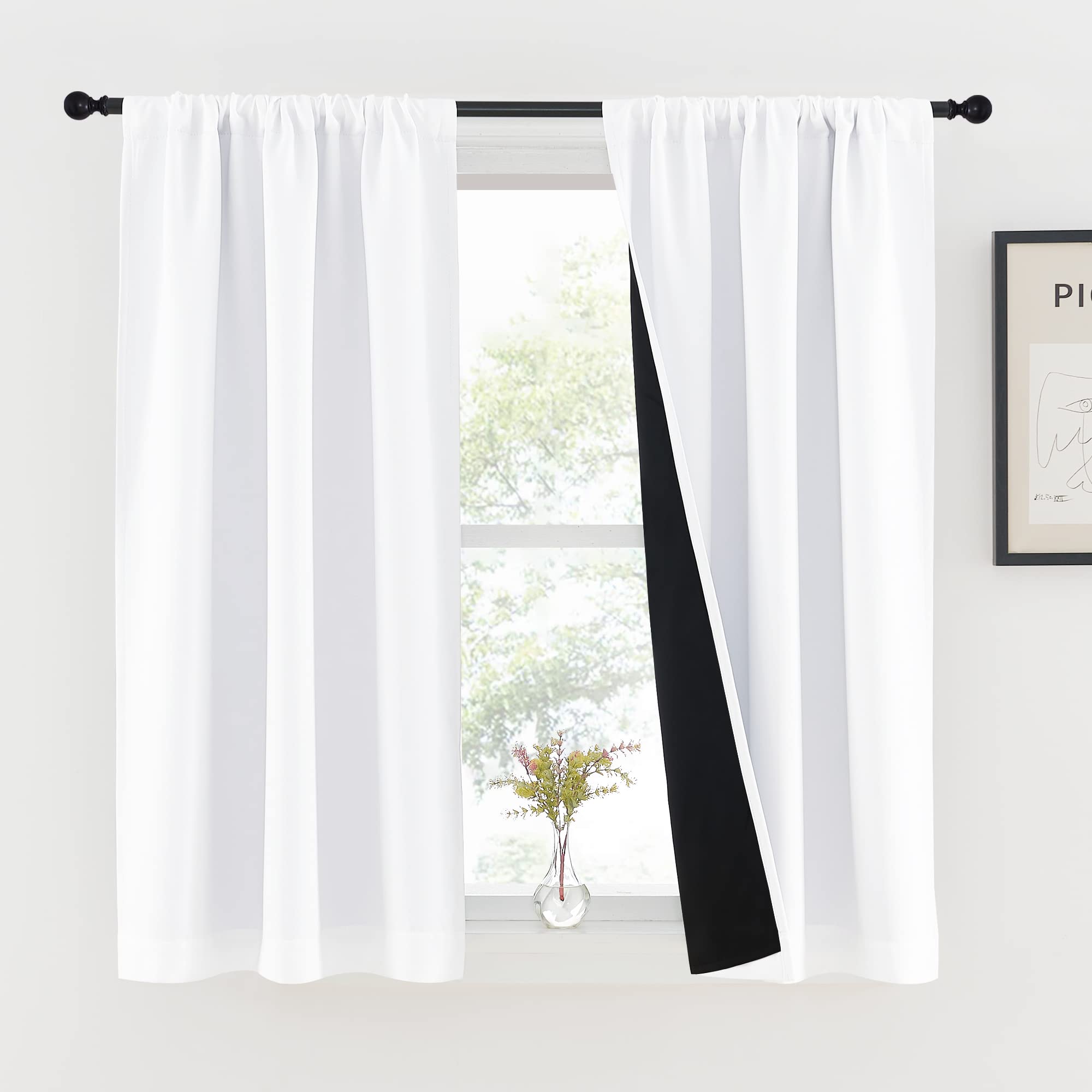 Nicetown White 100% Blackout Curtains 45 Inches Long For Kitchen, Rod Pocket Basement Window Treatment Thermal Insulated Lined D