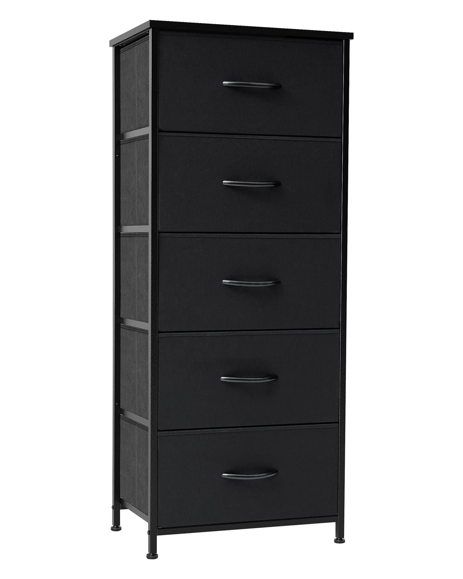 Crestlive Products Vertical Dresser Storage Tower - Sturdy Steel Frame, Wood Top, Easy Pull Fabric Bins - Organizer Unit For Bedroom, Hallway, Entryway, Closets - 5 Drawers(Black)