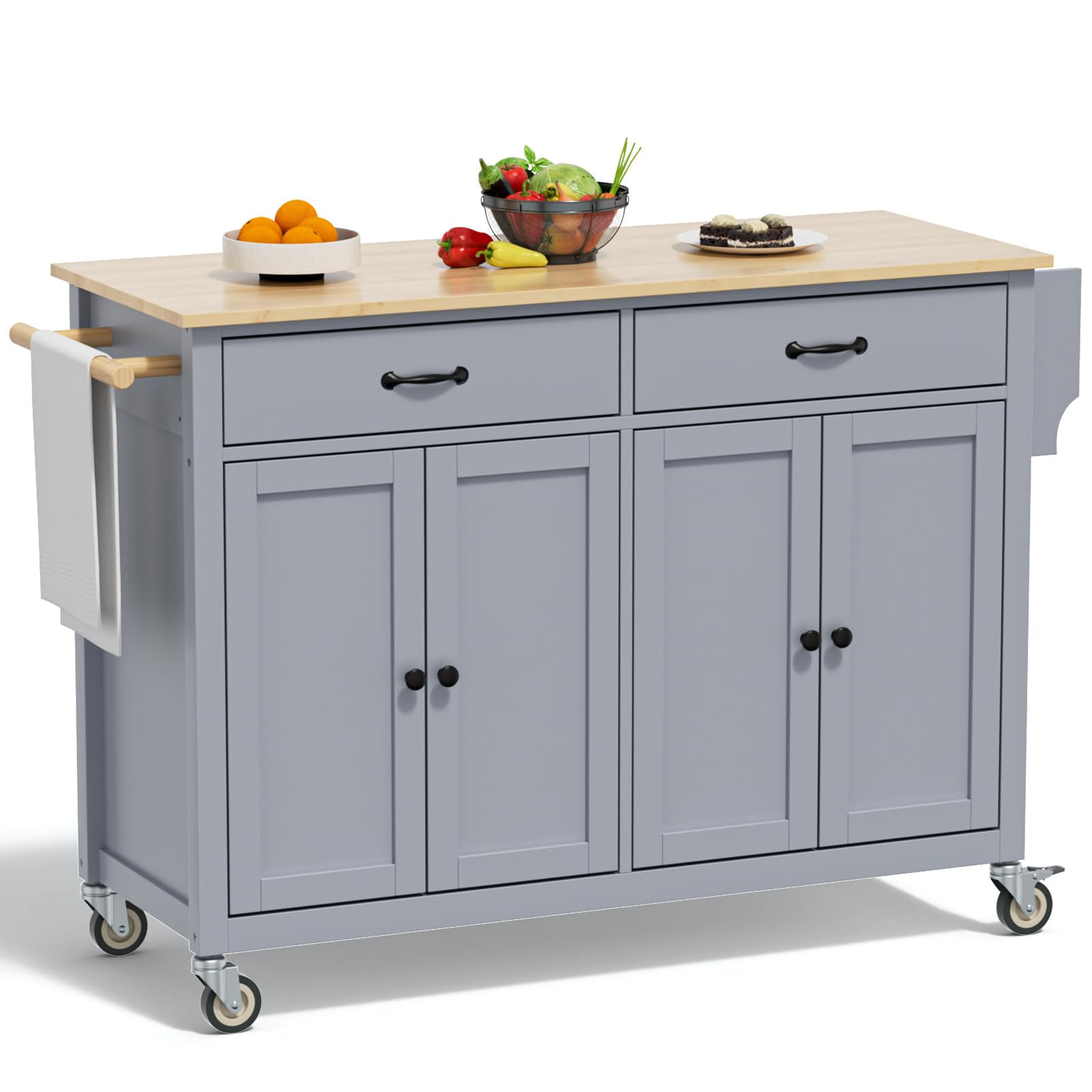 Rovibek Large Kitchen Island on Wheels with Storage 54 in Width Mobile Moveable Portable Rolling Wood Islandfor Kitchen Dining R