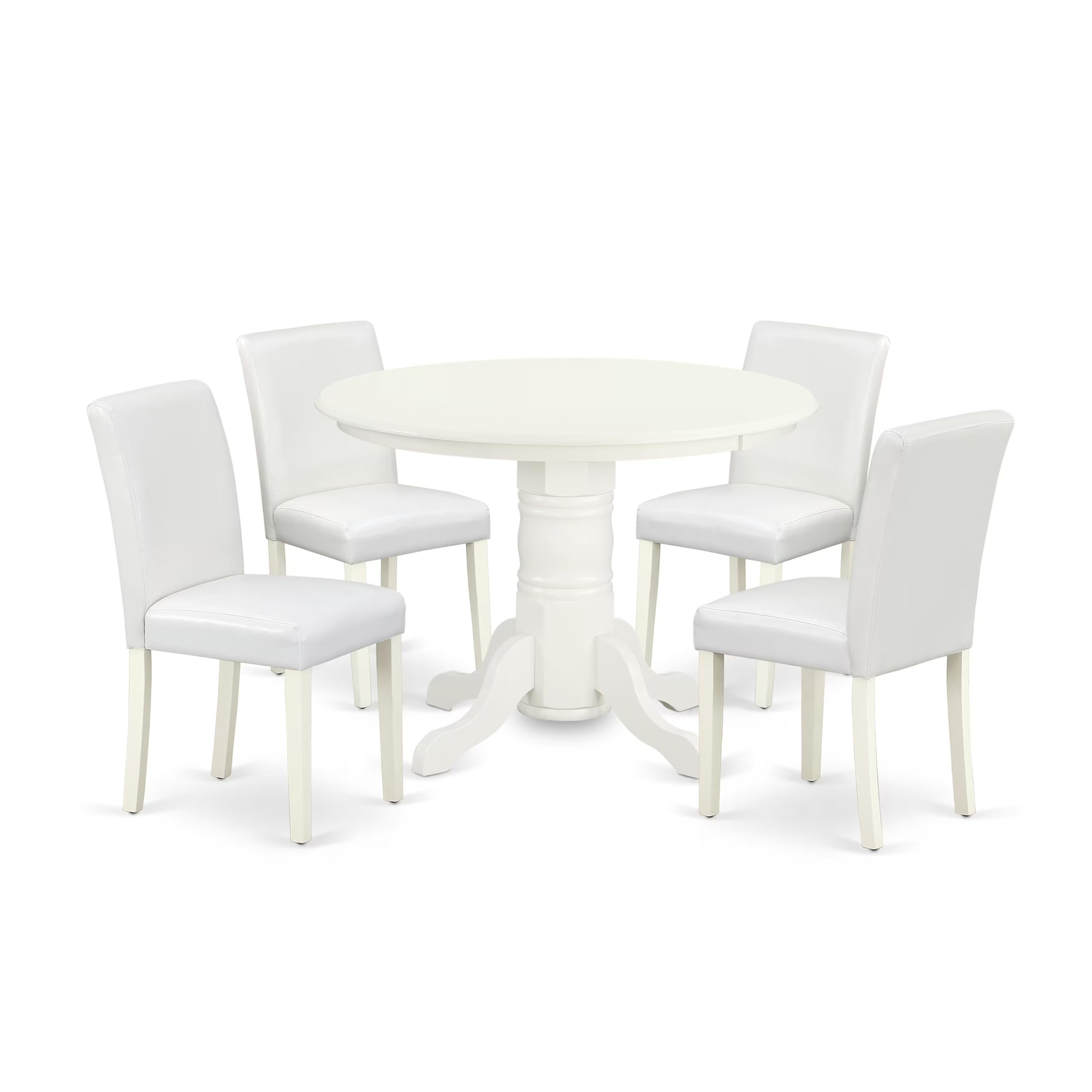 East West Furniture Shab5-Lwh-64 5 Piece Dining Set Includes A Round Kitchen Table With Pedestal And 4 White Faux Leather Parsons Dining Chairs, 42X42 Inch, Linen White
