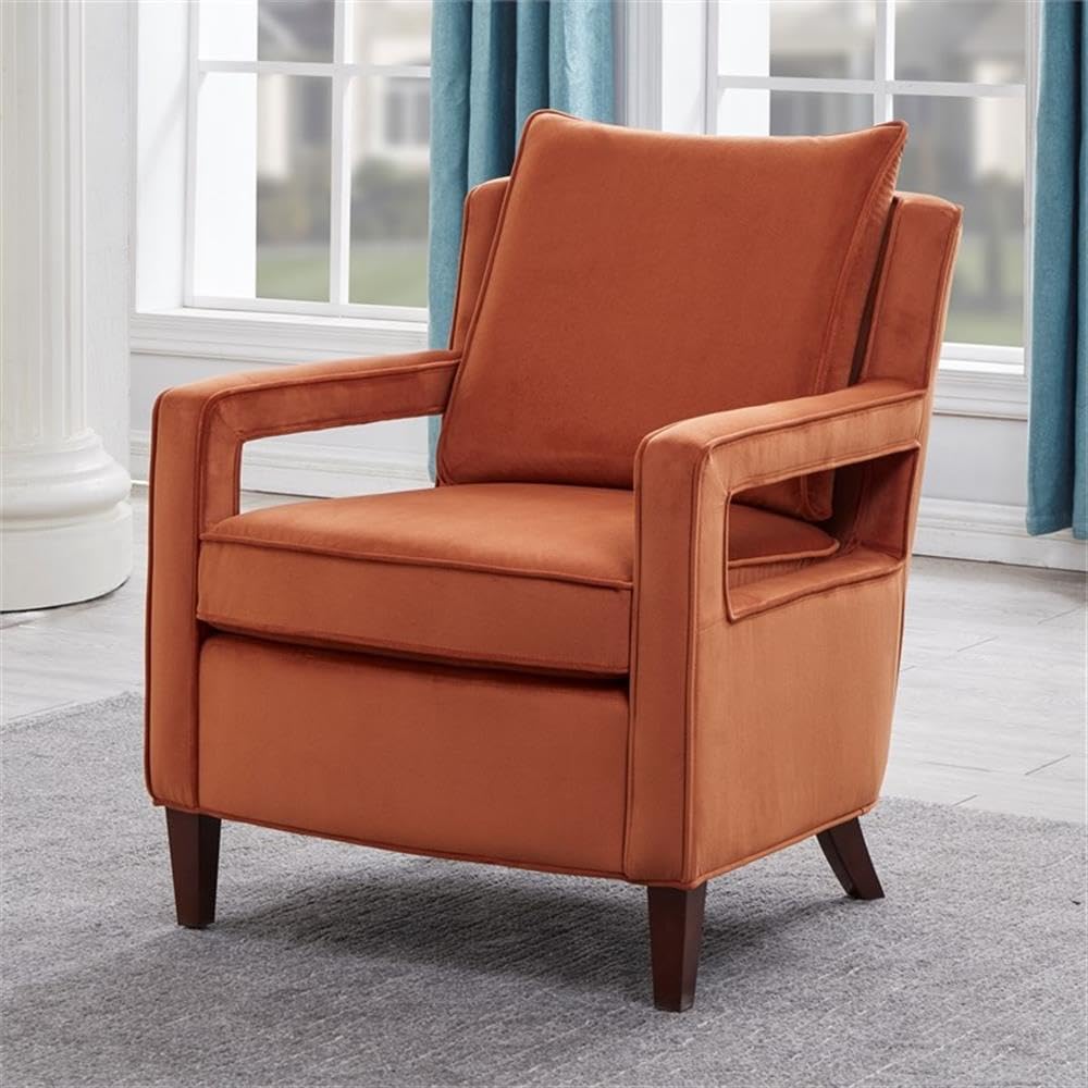 Comfort Pointe Questa Burnt Orange Velvet Accent Arm Chair with Open Arms and Brown Legs