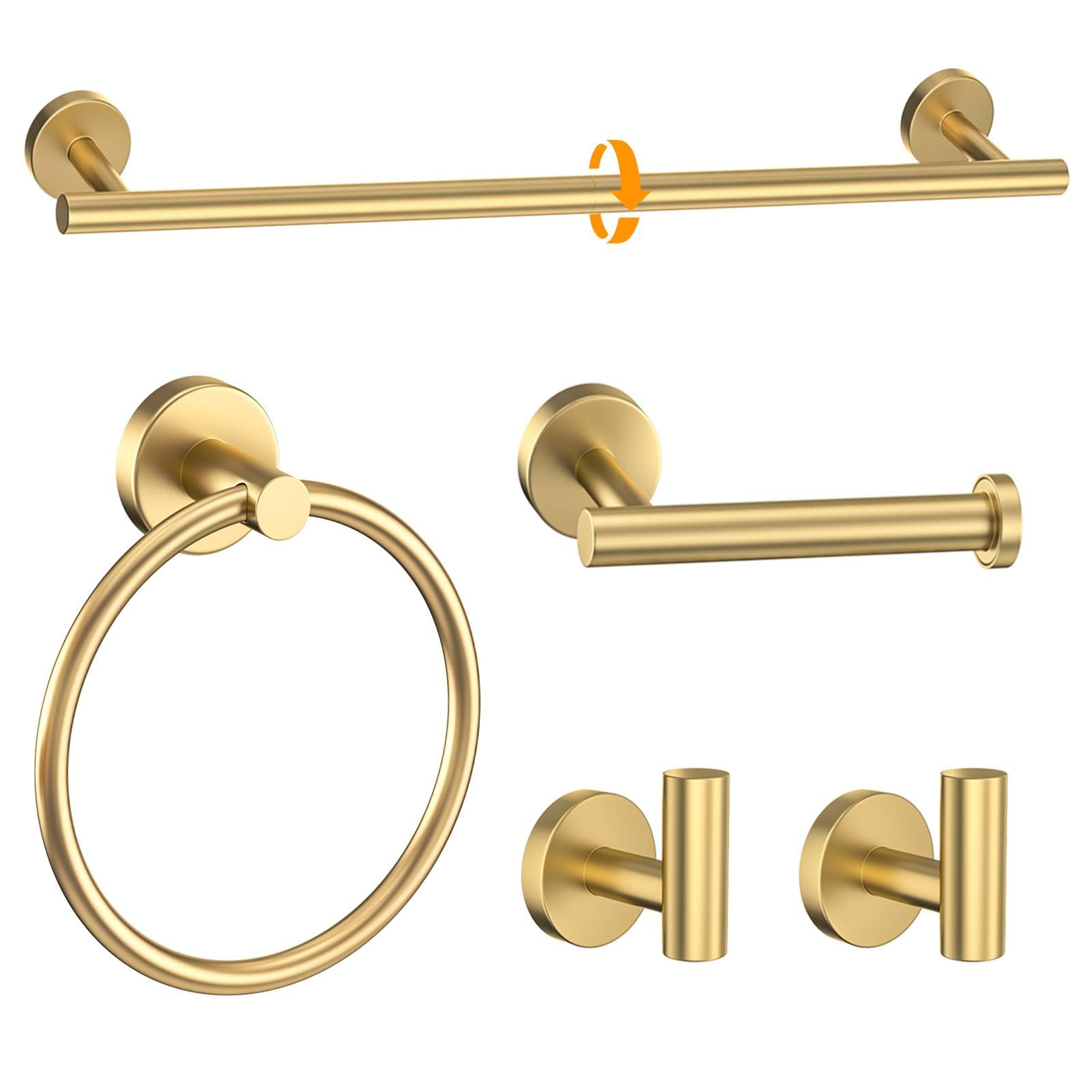 Brushed Gold Towel Bar Set 5 Pieces Round Bathroom Hardware Set Includes 23.6in Towel Bar Towel Ring Toilet Paper Holder Towel H