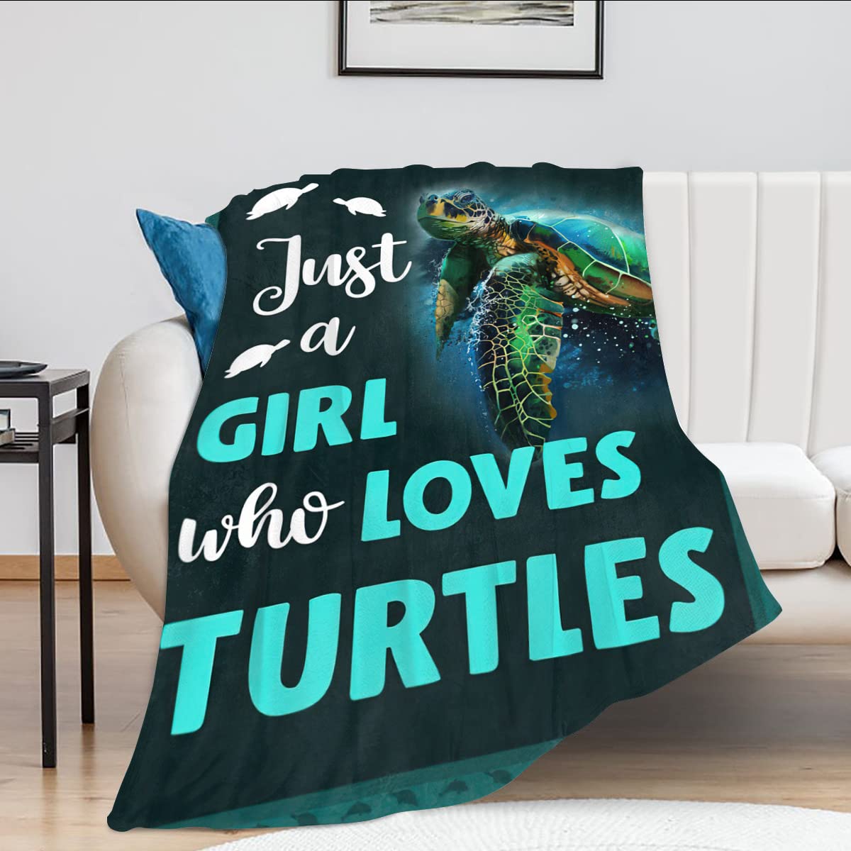 Just A Girl Who Loves Turtles Blanket, Teal Sea Turtle Decor Throw Blanket Gifts For Girls Super Warm Soft Plush Lightweight Fle