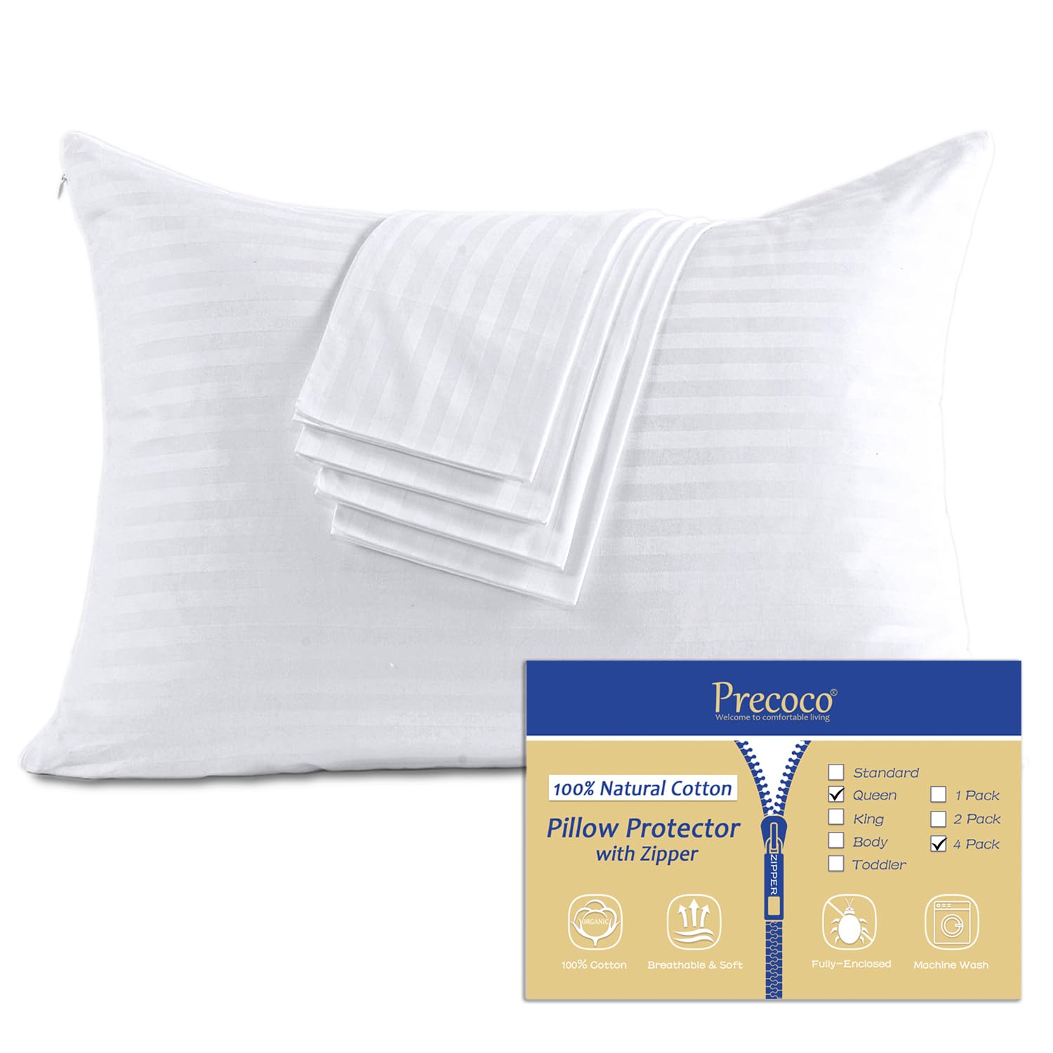 100% Cotton Pillow Protectors With Zipper Queen Size, White Pillow Cases Set Of 4 For Home & Hotel, Sateen Soft Cooling Hidden Z
