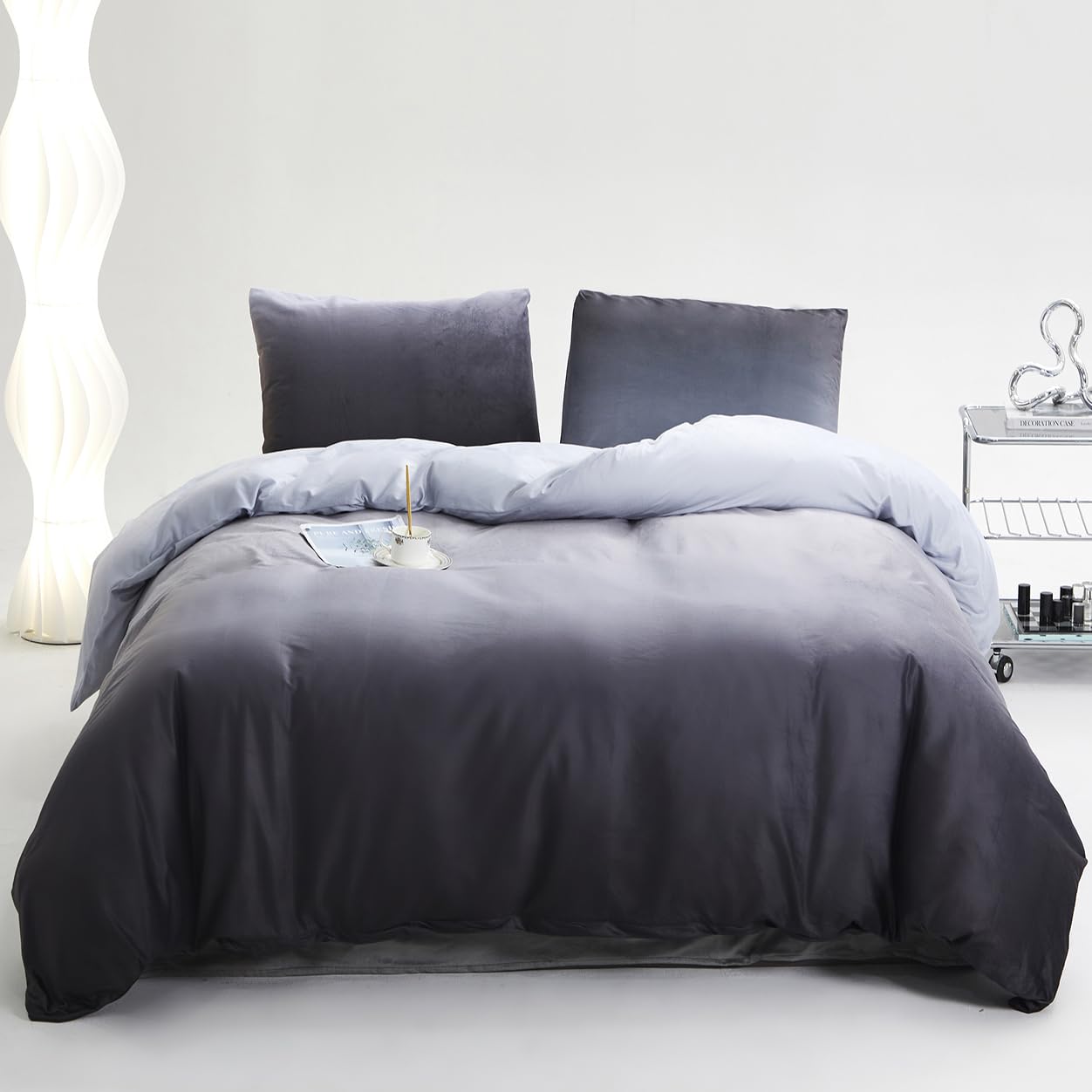 KAREVER Gray White Gradient Comforter Set Twin Gray Velvet Bedding Comforter Modern Plain White and Deep Gray Gradient Soft Quil