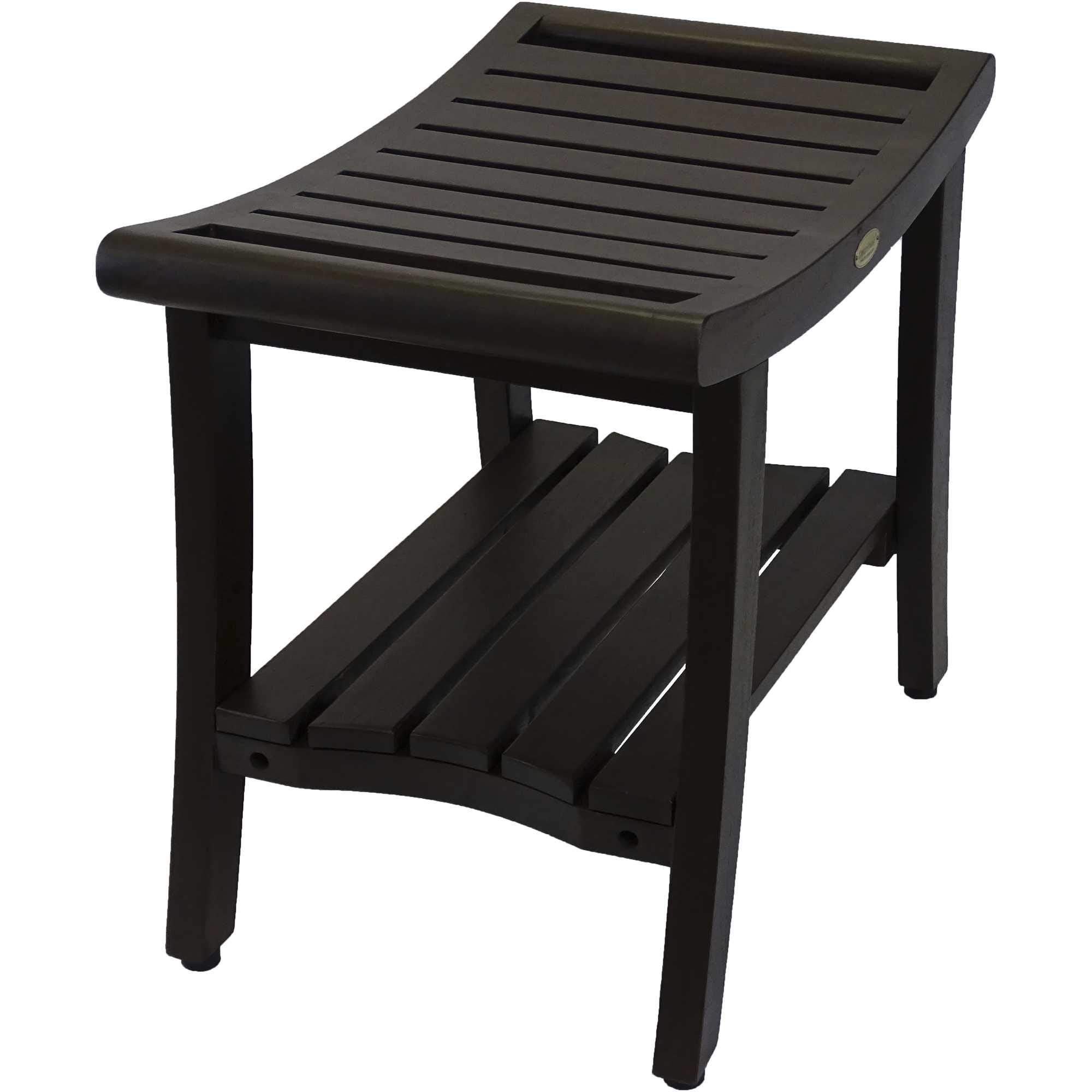 HomeRoots Contemporary Teak Shower Bench with Shelf and Handles in Brown Finish