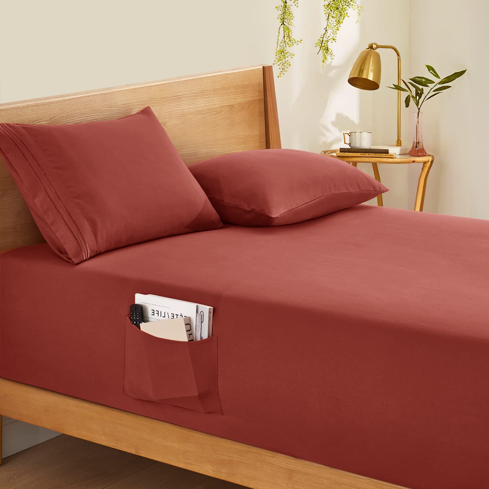 Horbaunal Extra Deep Pocket King Fitted Sheet Only - Fits Up To 24 Inch Mattress - Luxury 1800 Thread Count - Microfiber Rust Fi