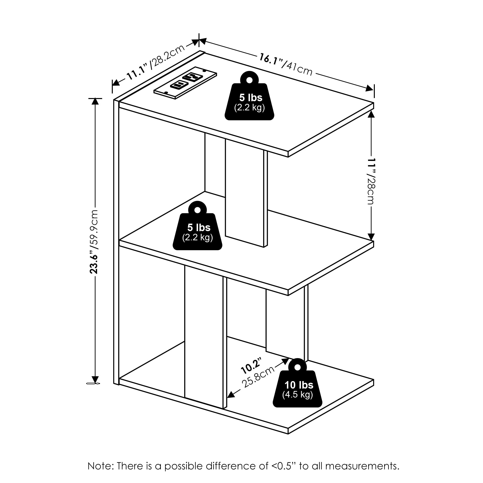 Furinno Boyate Open Storage Sofa Side Table, End Table with USB and Type-C Charging Port, White