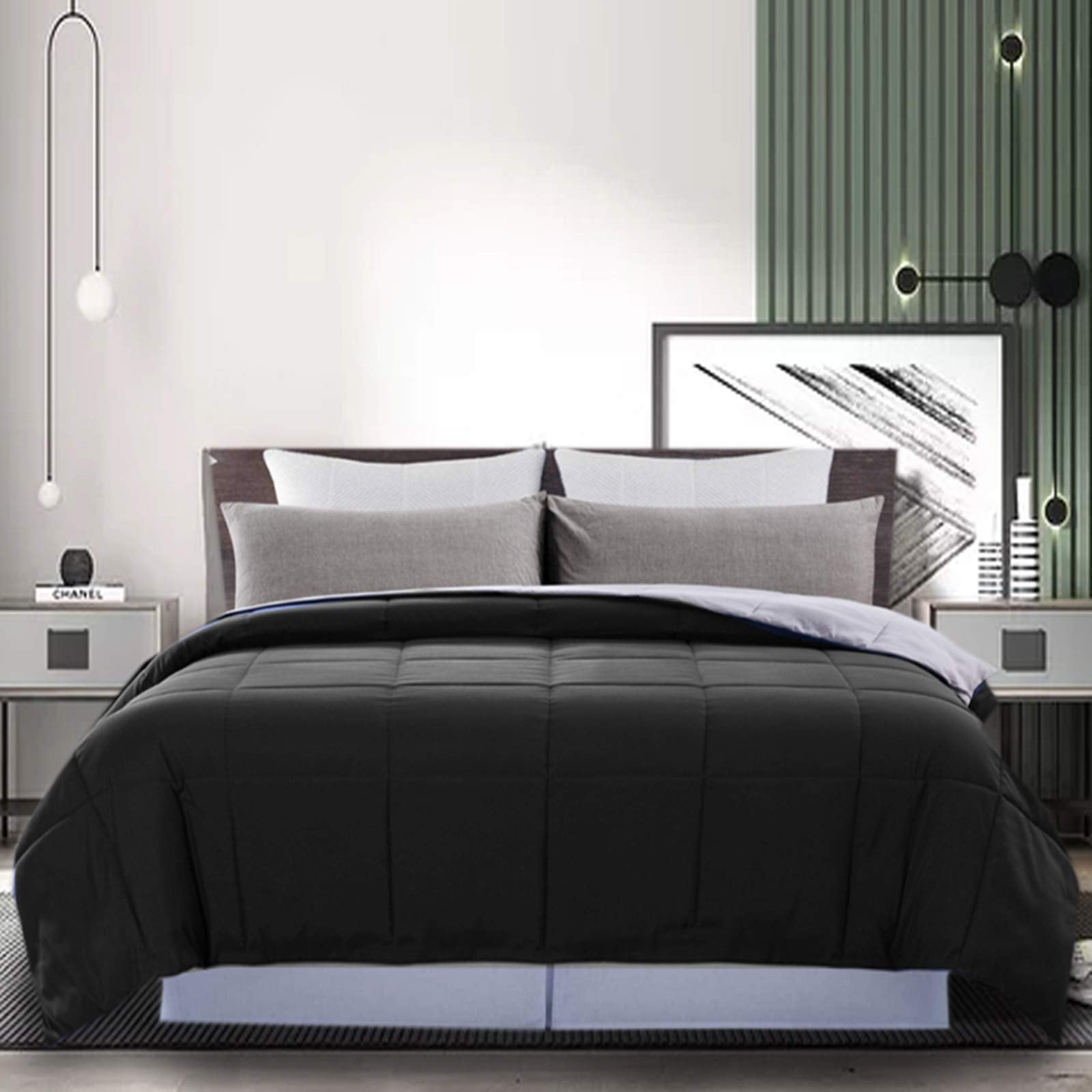 Downcool Comforter Queen Size, Reversible Duvet Insert,Black/Grey All Season Blanket, Lightweight Quilt, Down Alternative Hotel