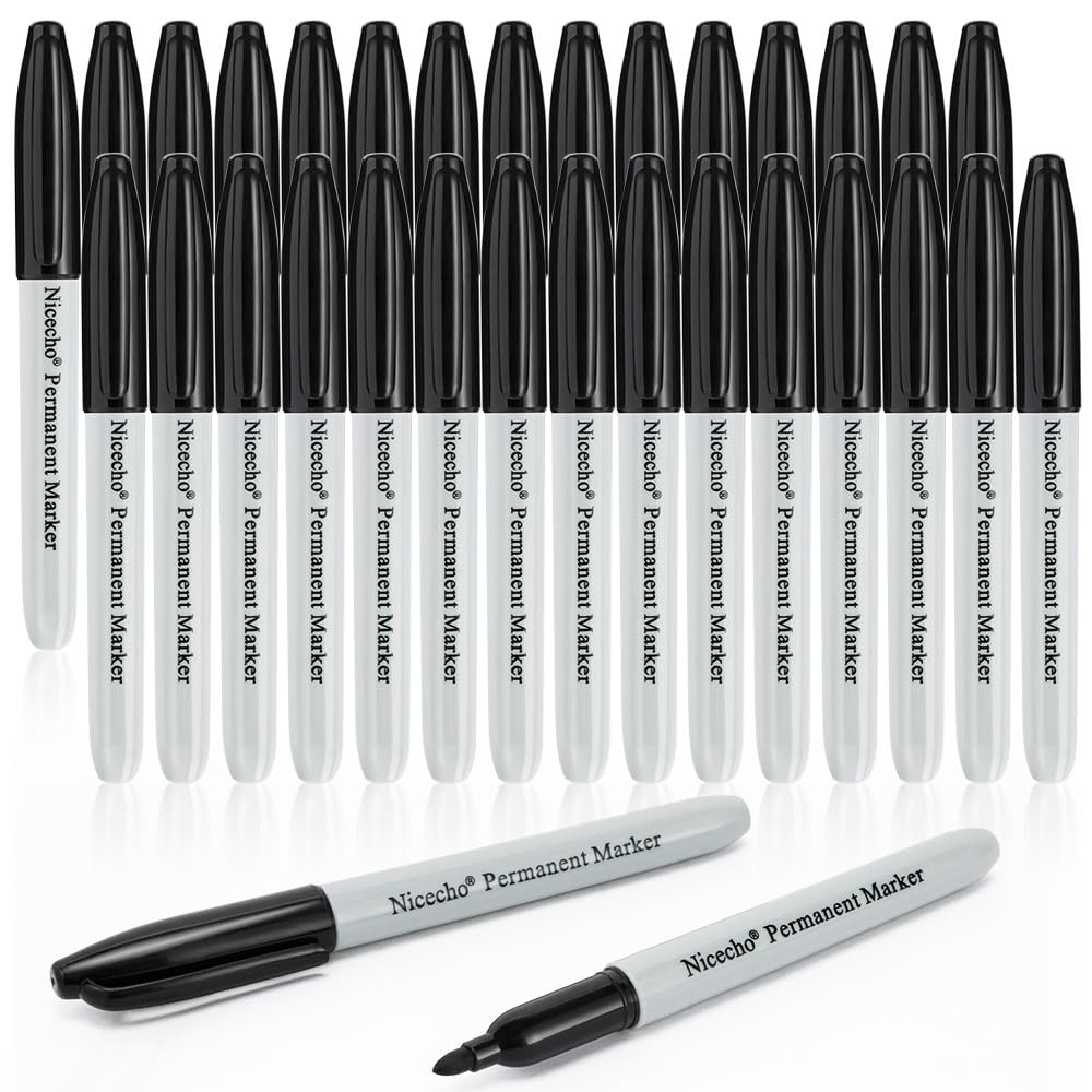 Nicecho Permanent Markers, Black Permanent Marker Pens, 30 Count Fine Point Basic Marker Set