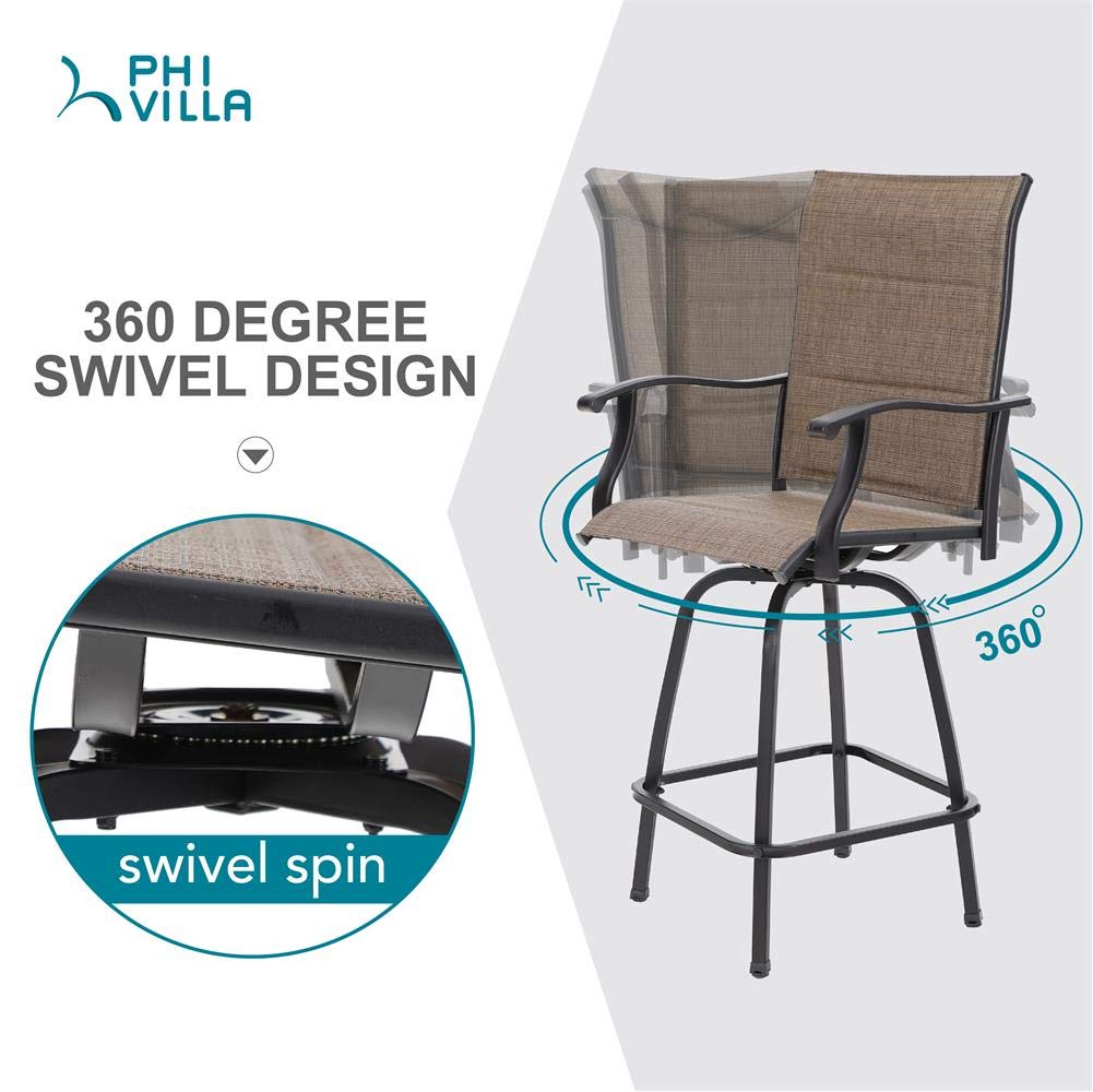 Phi Villa Swivel Bar Stools Outdoor Kitchen Bar Height Patio Chairs Padded Sling Fabric, All-Weather Patio Furniture, 2 Pack