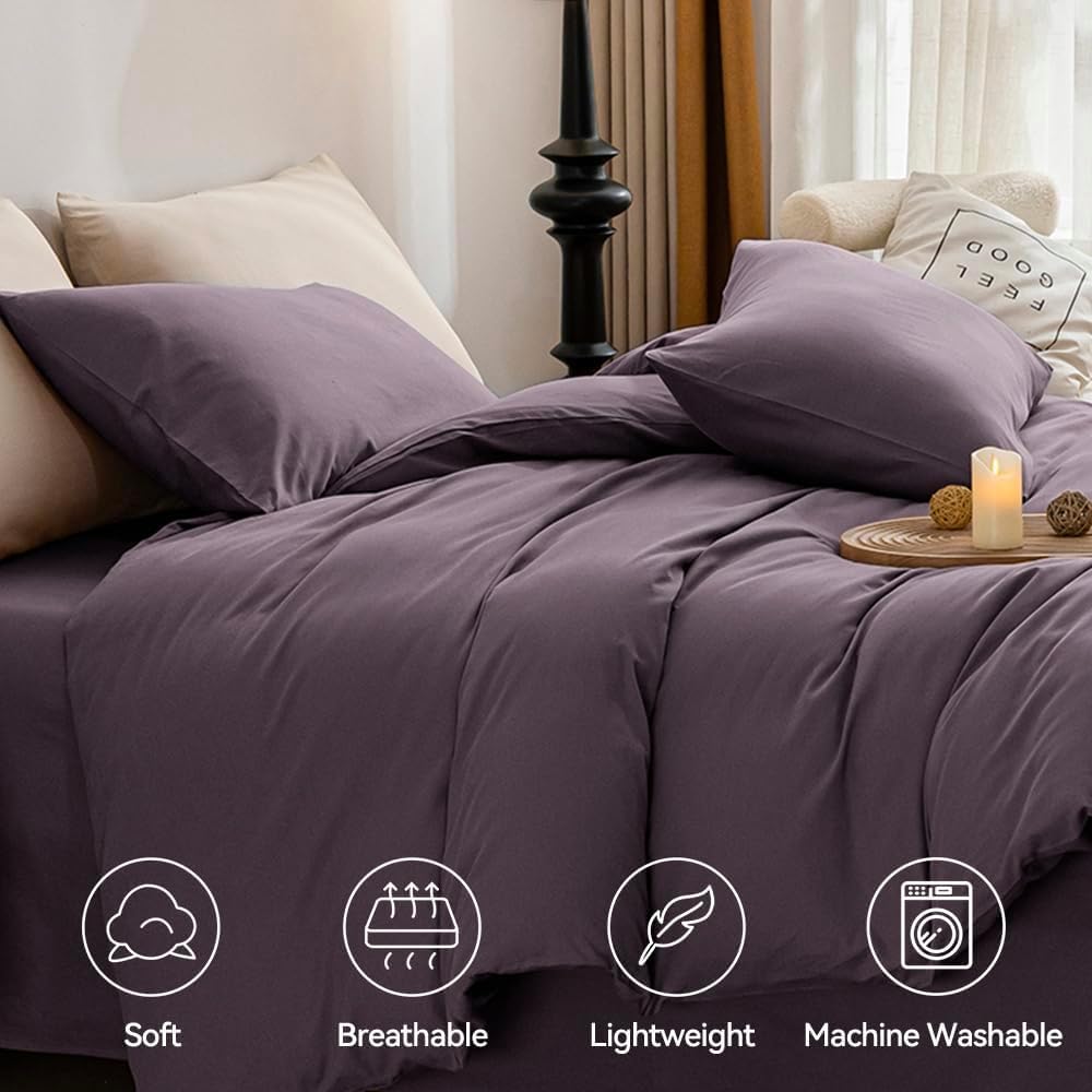 Jellymoni Purple Bedding Duvet Cover Set - 100% Washed Cotton Linen Like Textured California King Comforter Cover, 3 Pieces Soft