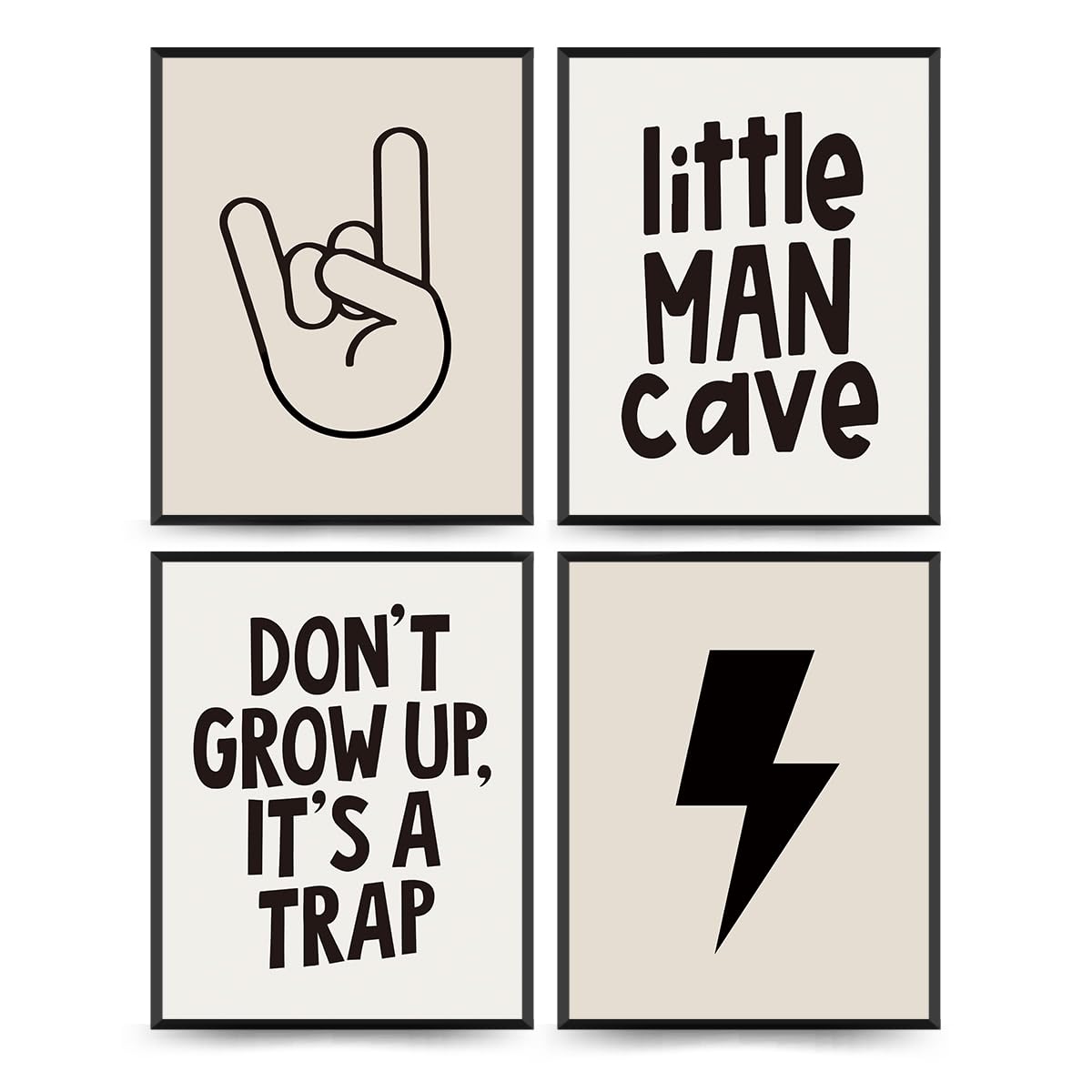 PLKMN Little Man Cave Wall Art Prints,Preppy Peace Hand Lightning Sign Poster Prints for Boys Teen Bedroom Playroom Dorm Decor,D