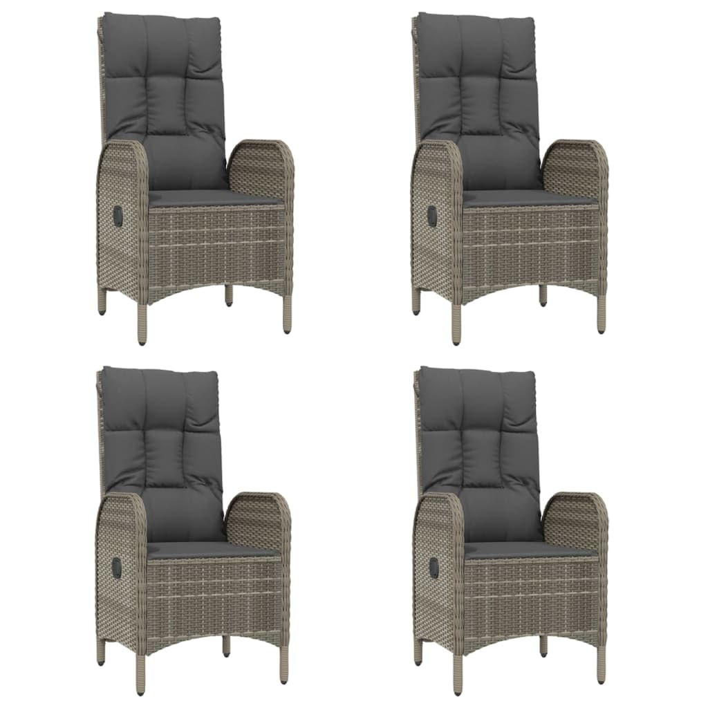 vidaXL 5 Piece Patio Dining Set - Reclining Garden Chairs and Cushions, Black/Gray Poly Rattan with Tempered Glass Tabletop, Weather Resistant