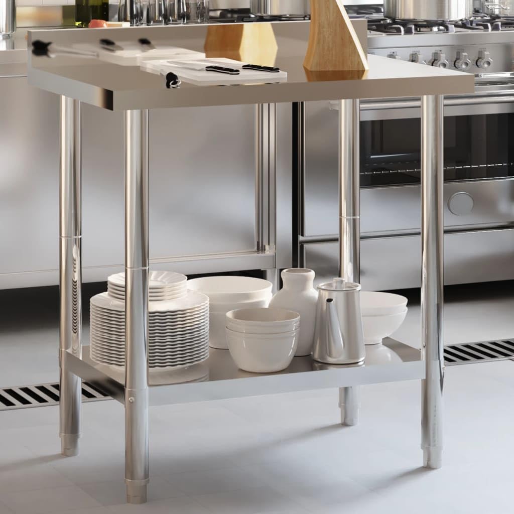 vidaXL Stainless Steel Kitchen Work Table with Backsplash - 32.5"x21.7"x36.6", Silver, Durable Prep Station for Commercial and Home Use