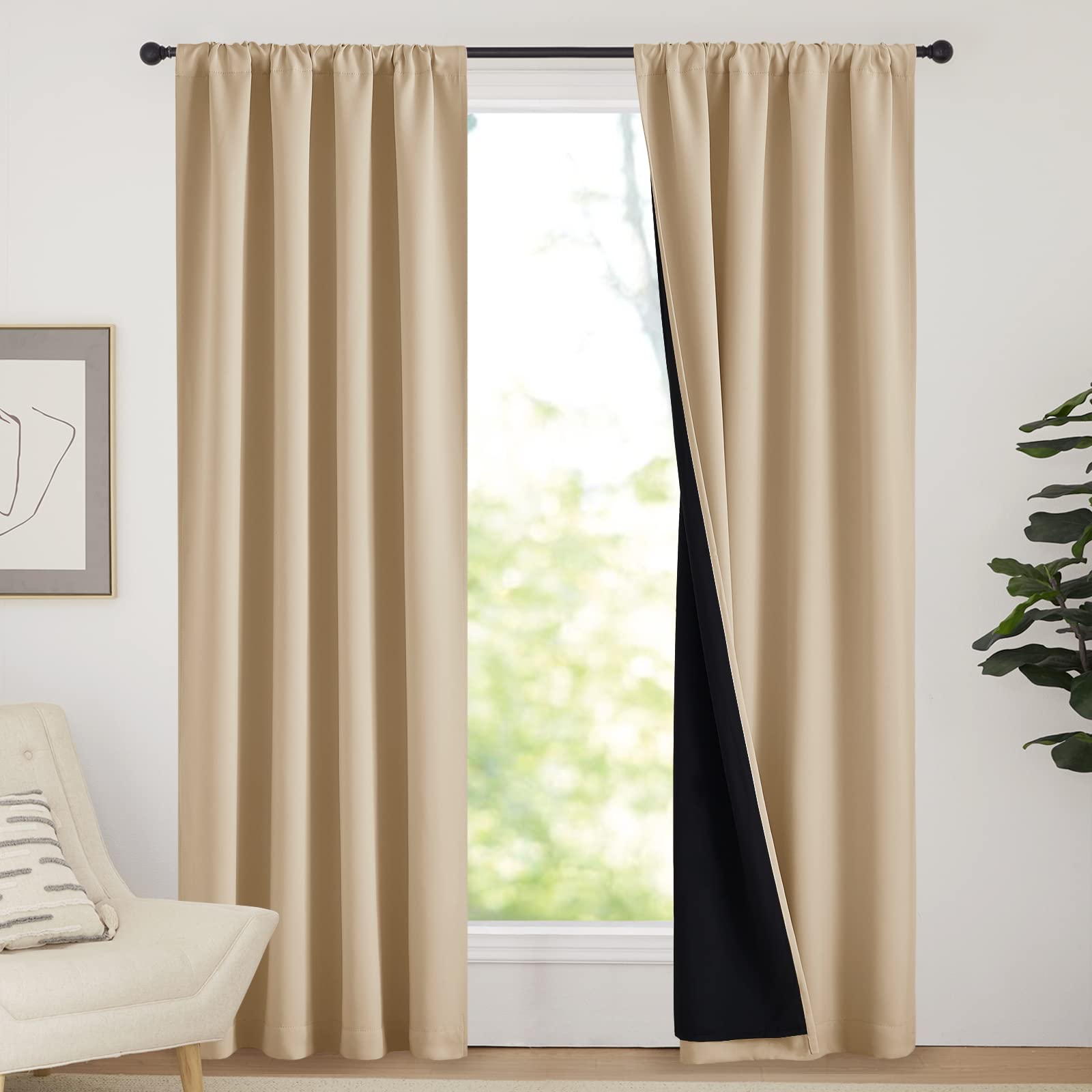 Nicetown Living Room Completely Shaded Draperies, Privacy Protection & Noise Reducing Drapes, Black Lined Rod Pocket Window Trea