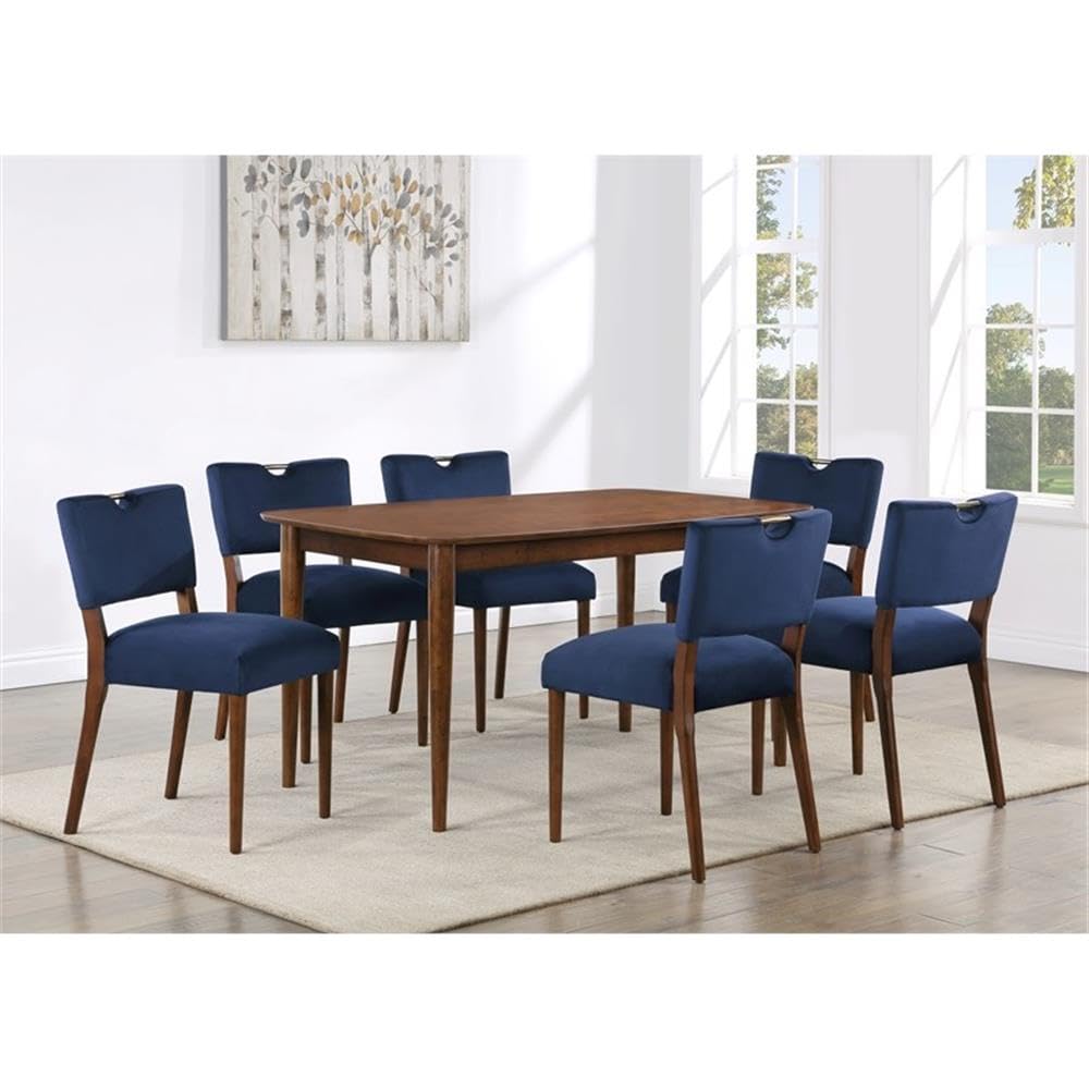 Comfort Pointe Bonito Blue Velvet 7-Piece Transitional Dining Set in Walnut Wood Finish