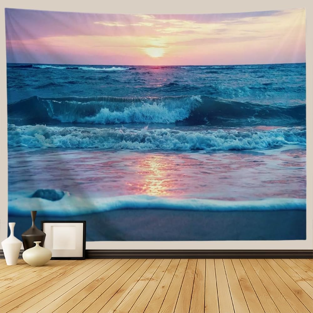 IcosaMro Ocean Tapestry Wall Hanging, Sea Beach Wave Sun Cloud Landscape Scenery Nature Wall Art [Double-Folded Hems] Bohemian H