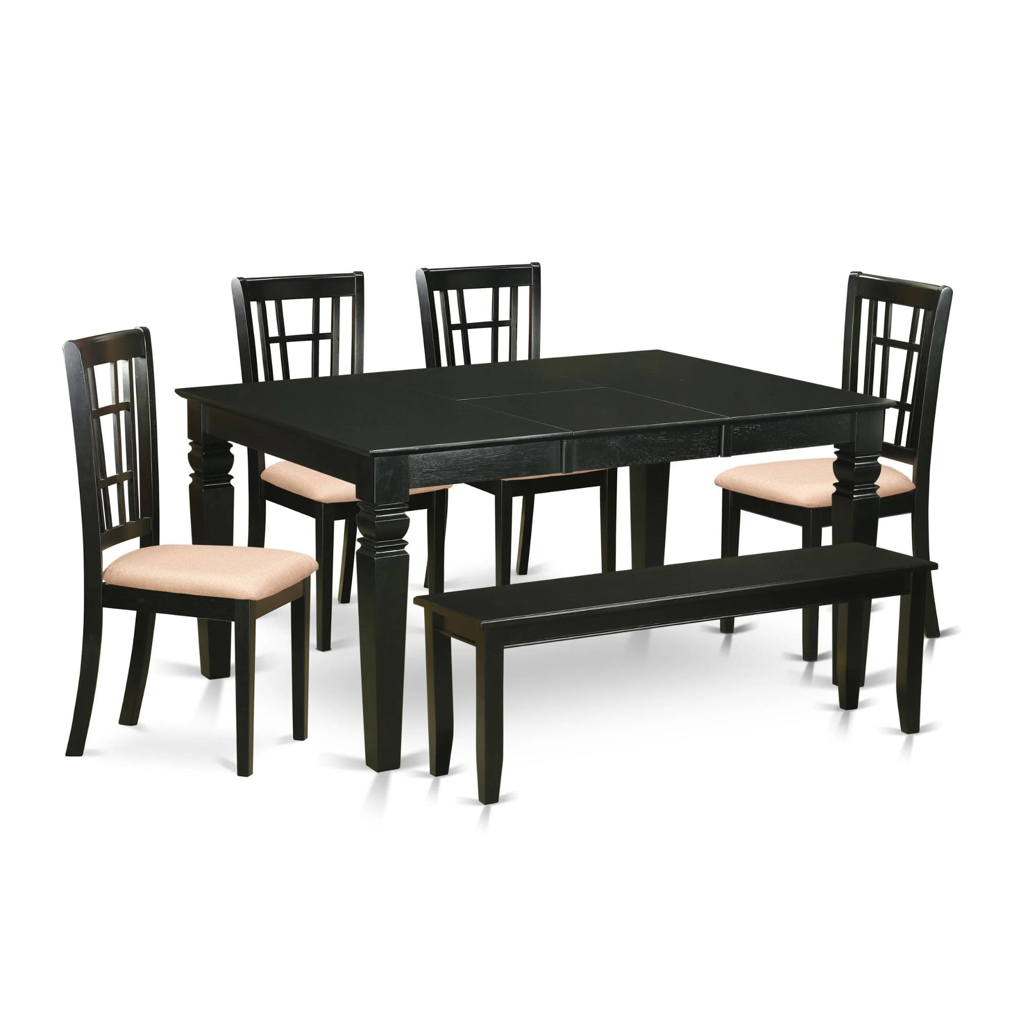East West Furniture WENI6D-BLK-C 6 Piece Kitchen Table Set Contains a Rectangle Dining Table with Butterfly Leaf and 4 Linen Fabric Dining Chairs with a Bench, 42x60 Inch, Black