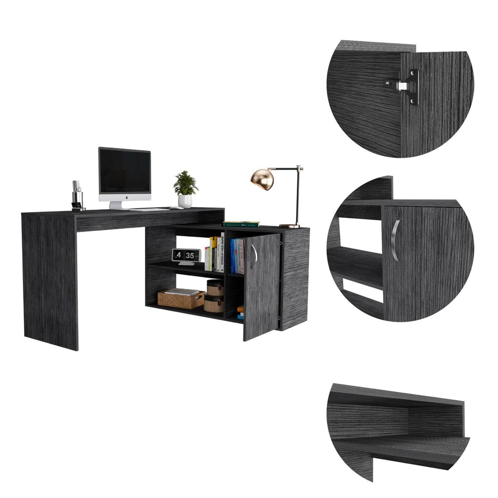 DEPOT E-SHOP Boston L-Shaped Desk, Single Door Cabinet, 2 Open Shelves, 2 Interior Shelves, Smokey Oak