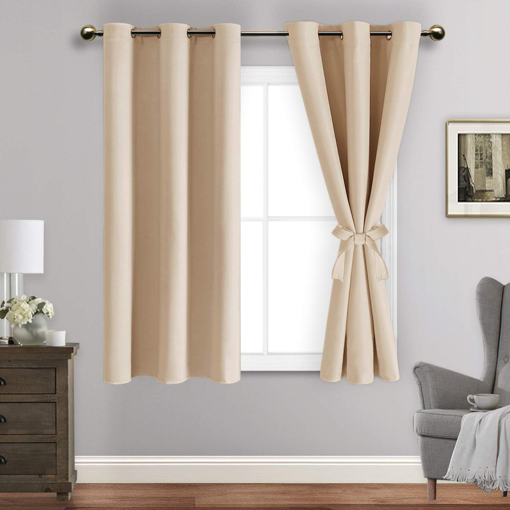 Jiuzhen Beige Blackout Curtains With Tiebacks - Thermal Insulated, Light Blocking And Noise Reducing Grommet Curtain Drapes For Bedroom And Living Room, Set Of 2 Panels, 38 X 54 Inch Length