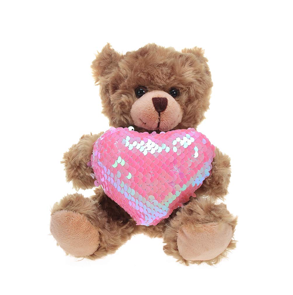 Plushland Stuffed Mocha Heart Bear - Plush Bear Toy for Kids & Adults - Embroidered Heart Pillow - Brown-6 inches (Pink Heart)
