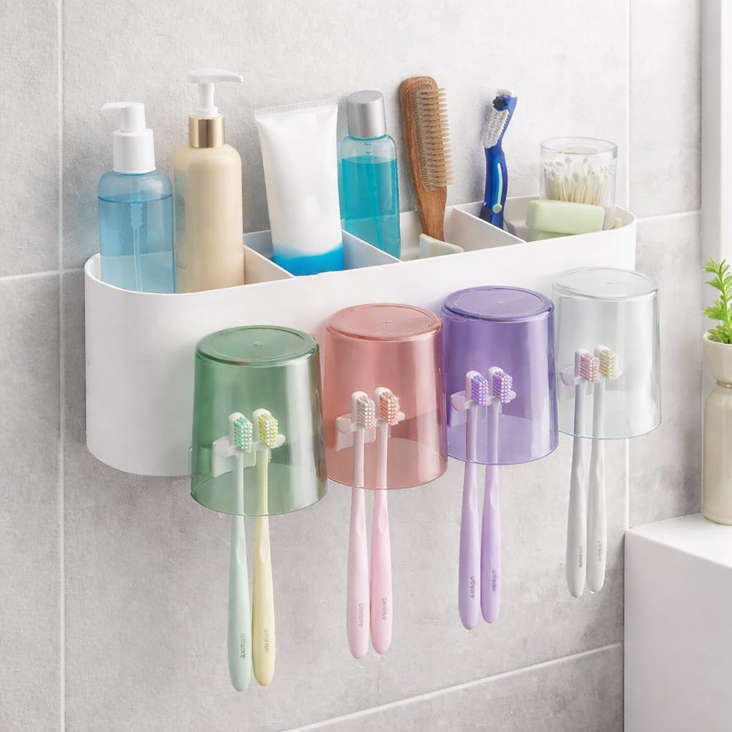 OBEROIS TRADERS Toothbrush Holder Wall Mounted with 4 Mouthwash Cups, Self Adhesive Bathroom Organizer, Plastic Toothbrush Stan