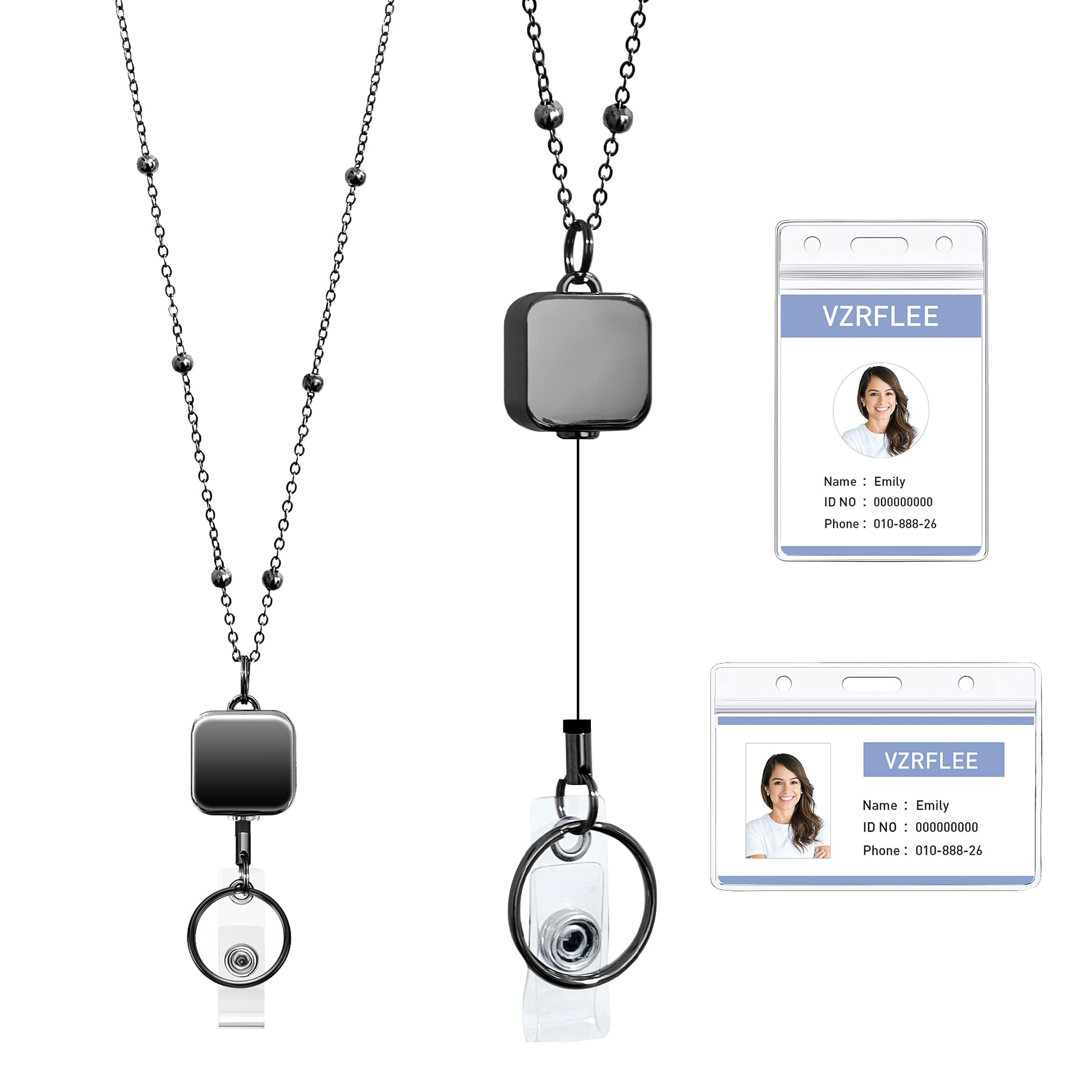 Retractable Badge Reel Lanyards With Id Holders, Vzrflee Lanyards For Id Badges New Beaded Chain Premium Stainless Steel Lanyard